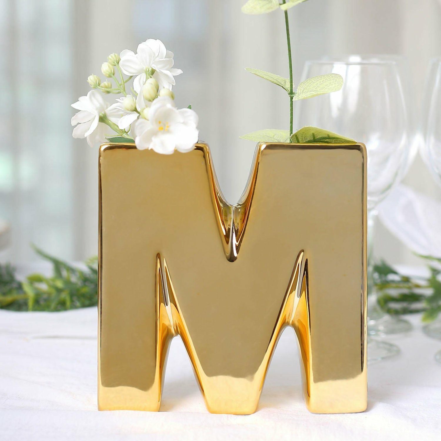 Glass Vases | Shiny Gold Plated Ceramic Letter “M” Sculpture Flower Vase, Bud Planter Pot Table Centerpiece 6″ Floral Vase Glass Vases