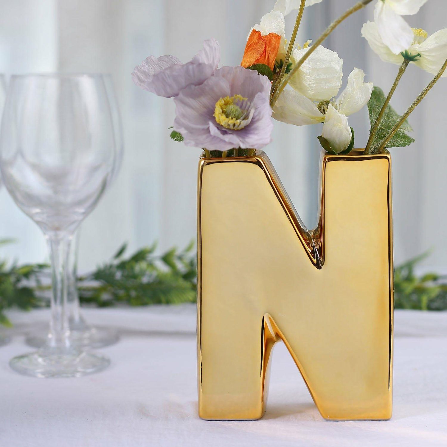 Glass Vases | Shiny Gold Plated Ceramic Letter “N” Sculpture Flower Vase, Bud Planter Pot Table Centerpiece 6″ Floral Vase Glass Vases