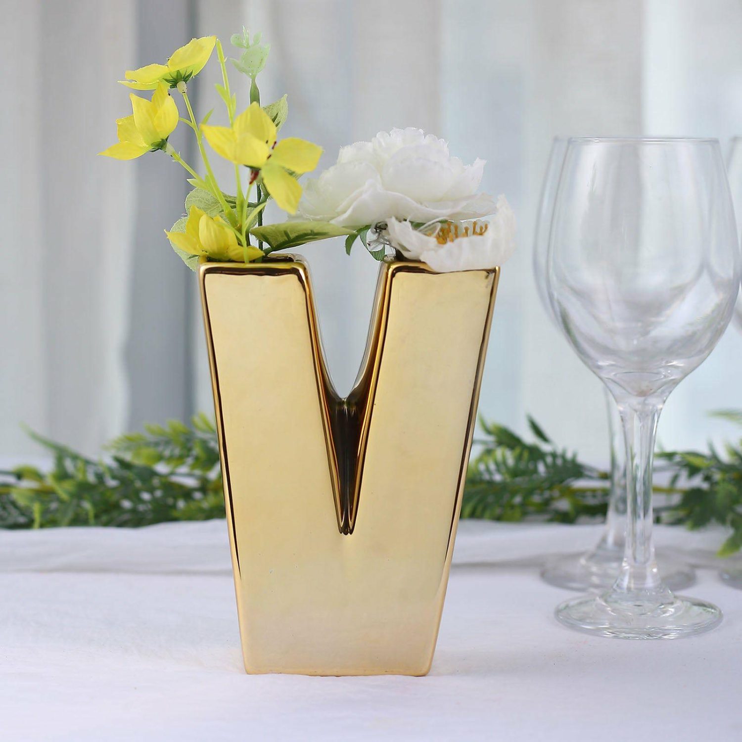 Glass Vases | Shiny Gold Plated Ceramic Letter “V” Sculpture Flower Vase, Bud Planter Pot Table Centerpiece 6″ Floral Vase Glass Vases