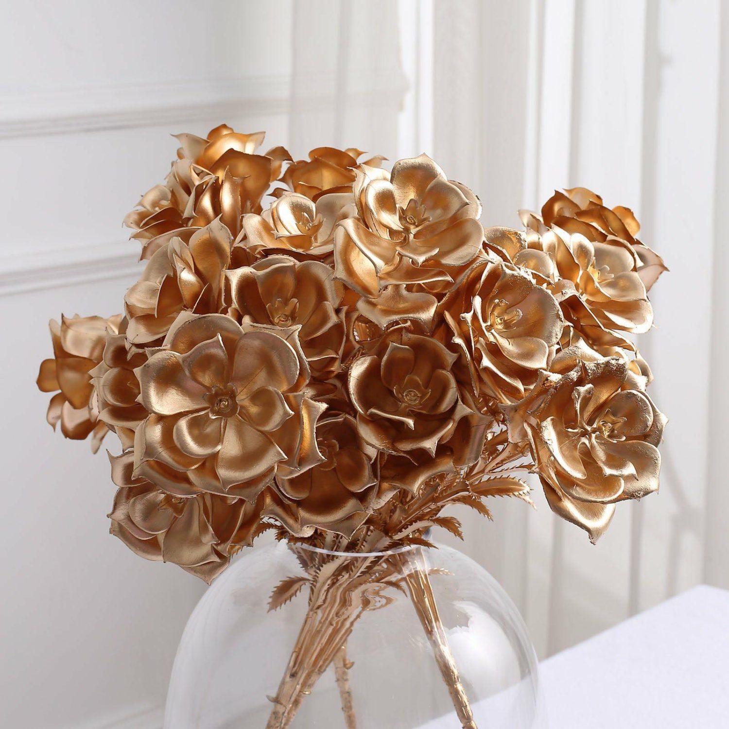 Golden Sprays | 2 Pack Metallic Gold Artificial Rose Bloomed Flower Bouquet, Open Flower Floral Arrangement Holiday Decor 17″ Artificial Plants Golden Sprays