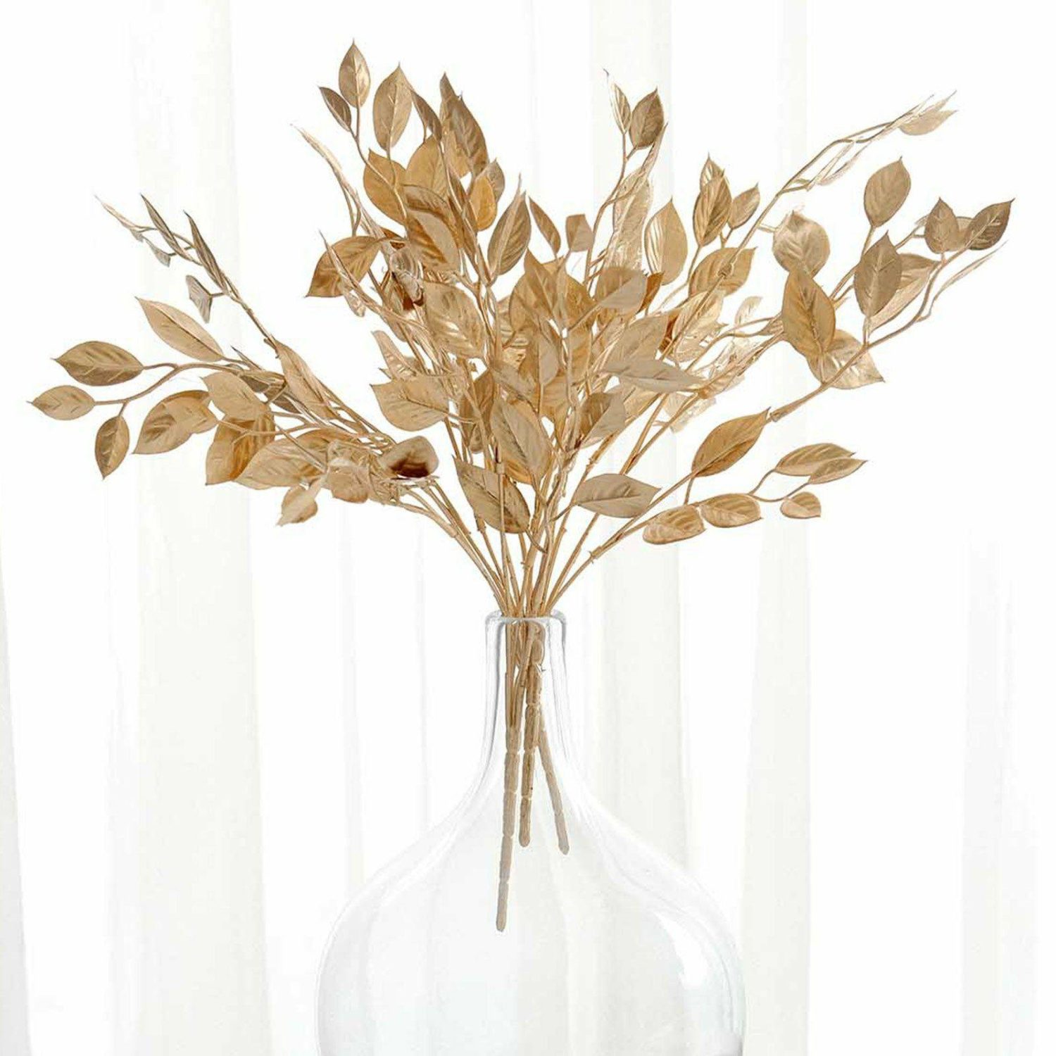 Golden Sprays | 4 Pack Metallic Gold Artificial Italian Ruscus Leaves Branches, Faux Spray Plant Stem Vase Fillers – 14″ Display Props Golden Sprays