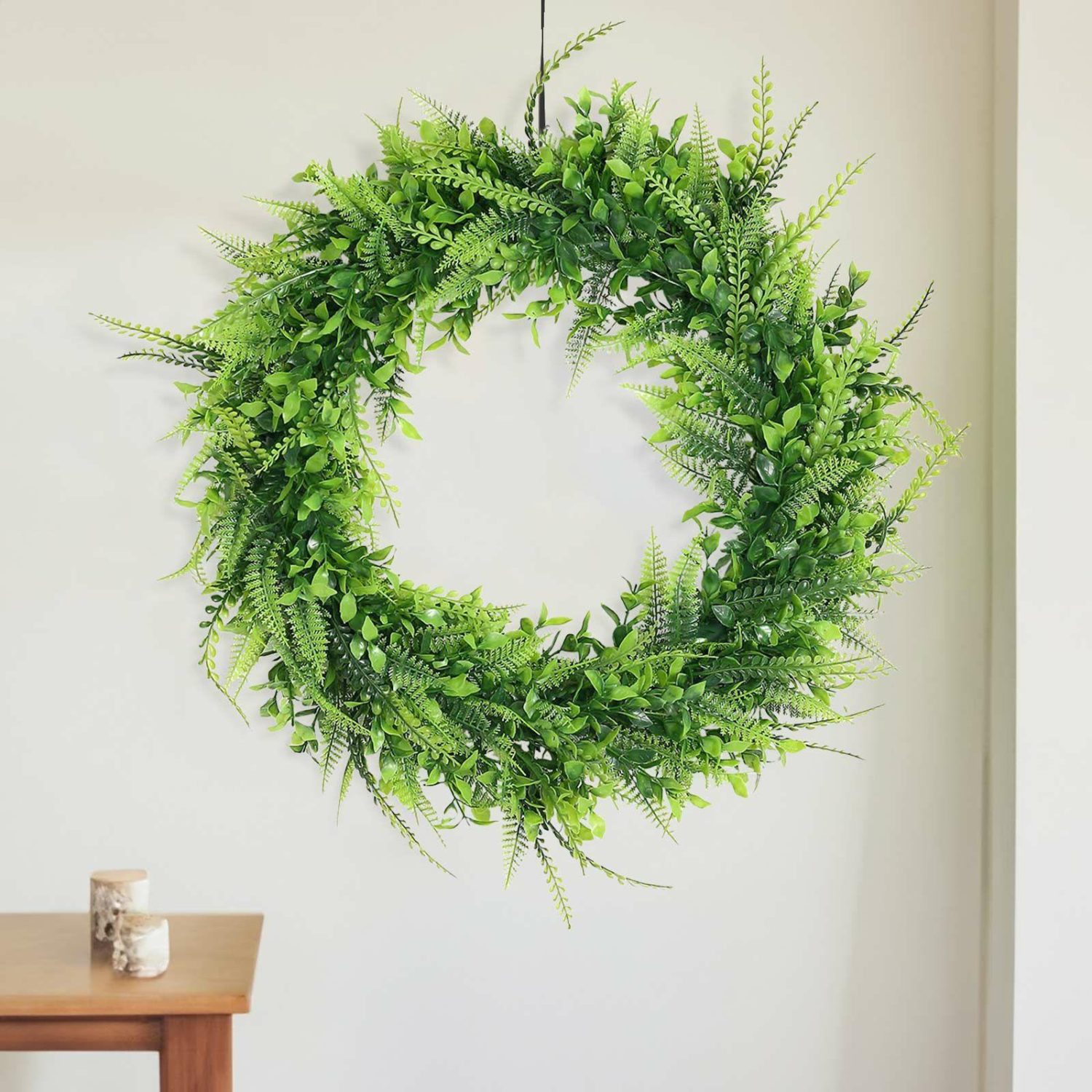 Greenery Vines | 2 Pack Green Artificial Lifelike Boxwood Fern Mix Spring Wreaths 22″ Flower Garlands Boxwood & Green Fern