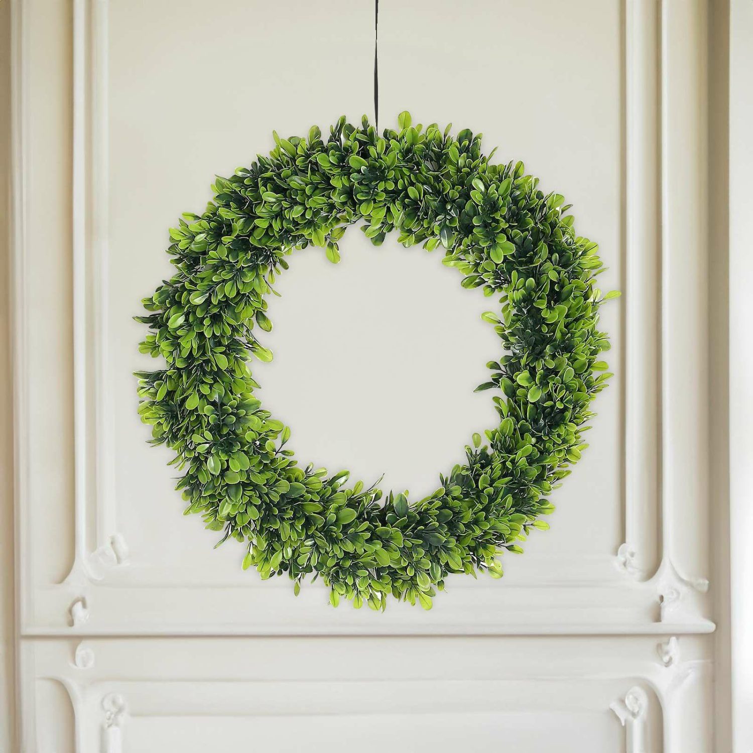 Greenery Vines | 2 Pack Green Artificial Lifelike Boxwood Leaf Spring Wreaths 21″ Flower Garlands Boxwood