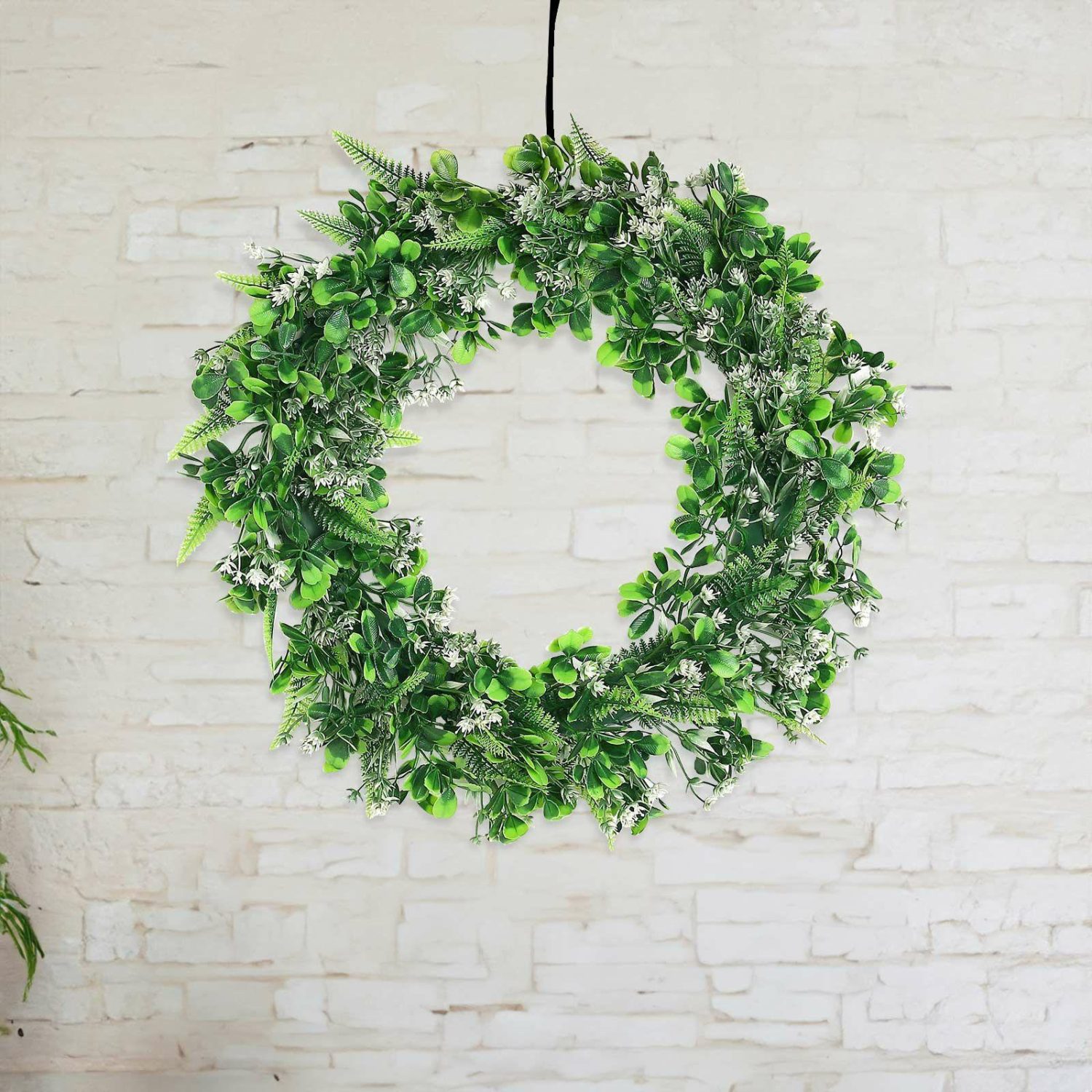 Greenery Vines | 2 Pack White/Green Artificial Lifelike Boxwood Fern Mix Spring Wreaths 22″ Flower Garlands Boxwood & White Fern