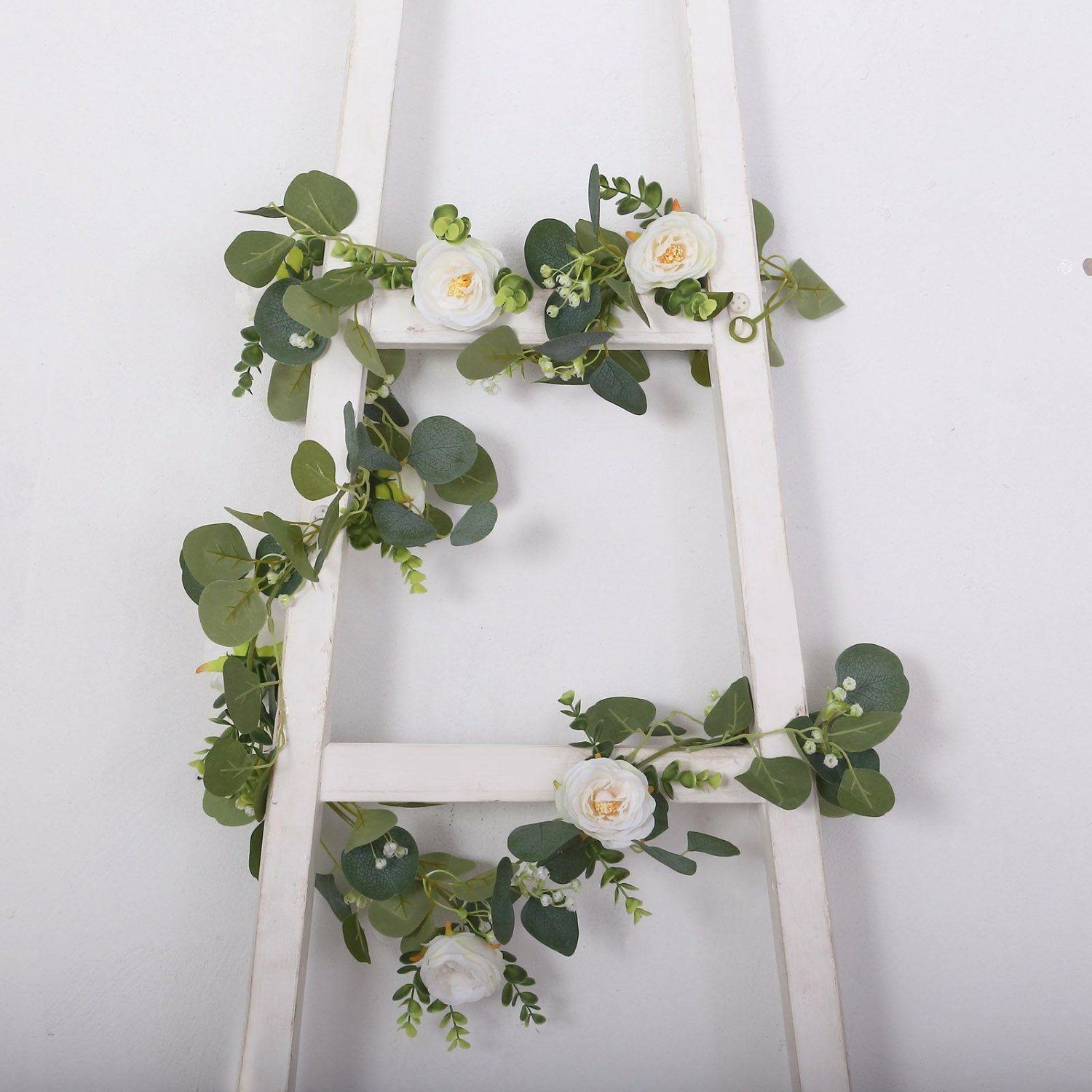 Greenery Vines | Artificial Eucalyptus Leaf Table Garland With 7 White Rose Flower Heads, Floral Greenery Hanging Vines – 5.5ft Flower Garlands Greenery Vines