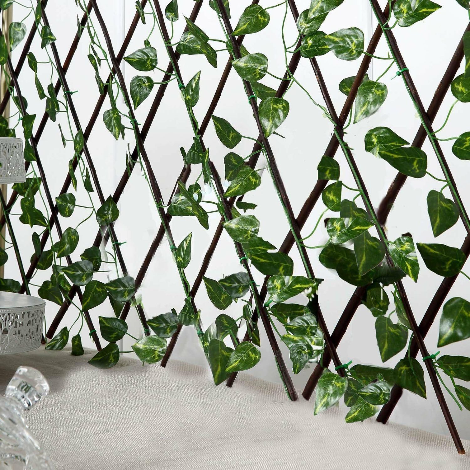 Greenery Vines | Expandable Wooden Lattice Fence With Artificial Ivy Leaf Trellis Vines, Accordion Backdrop Fencing 17″x95″ Flower Garlands Greenery Vines