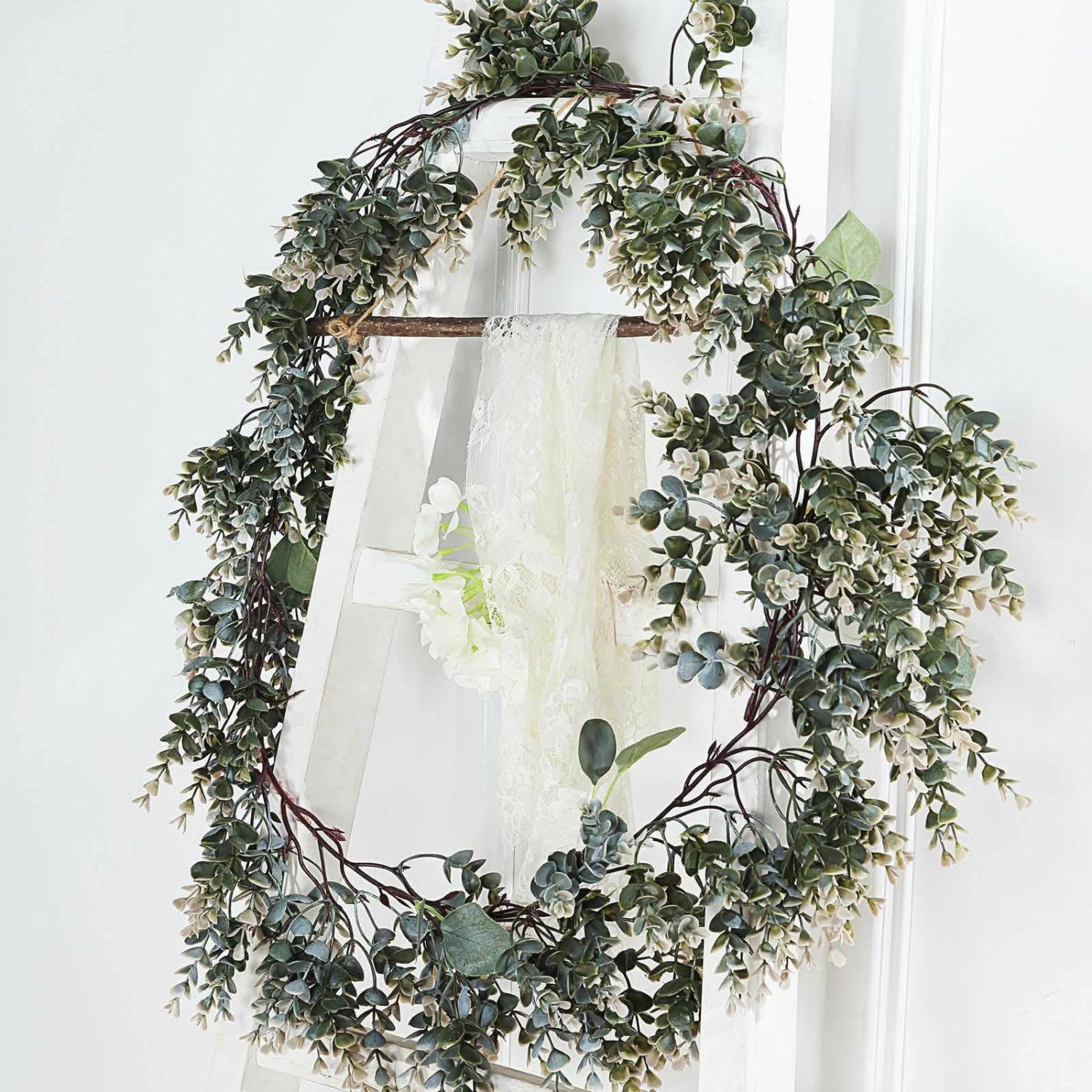 Greenery Vines | Frosted Green Artificial Eucalyptus and Boxwood Leaf Garland Vine 6ft Flower Garlands Eucalyptus & Boxwood Leaves