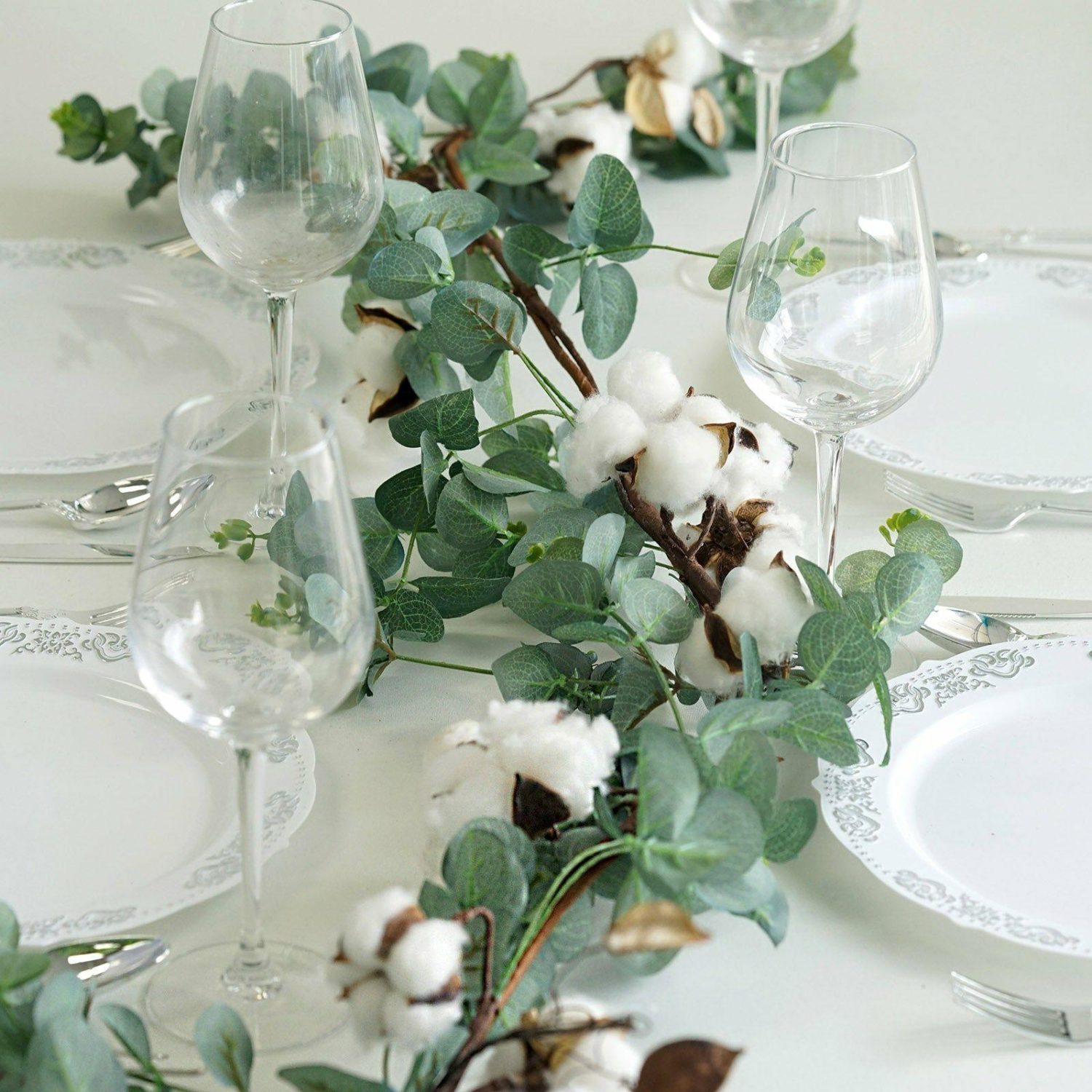 Greenery Vines | Green Artificial Eucalyptus Leaf, White Cotton Ball Garland Vine 5ft Flower Garlands Eucalyptus Leaves W/ Natural Cotton Balls