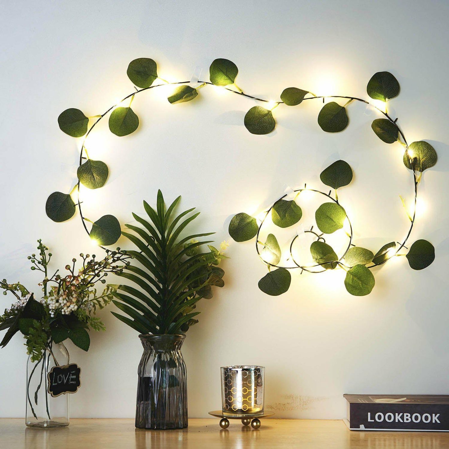 Greenery Vines | Green Silk Eucalyptus Leaf Garland Vine String Lights, Warm White Battery Operated 7ft 20 LED Flower Garlands Eucalyptus Leaf Garland