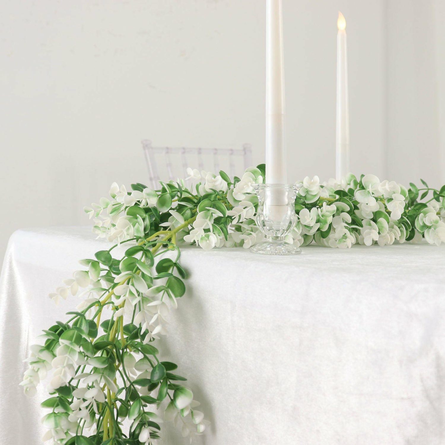 Greenery Vines | White / Green Artificial Eucalyptus Leaf Table Garland, Real Touch Hanging Greenery Vine 6ft Flower Garlands Greenery Vines