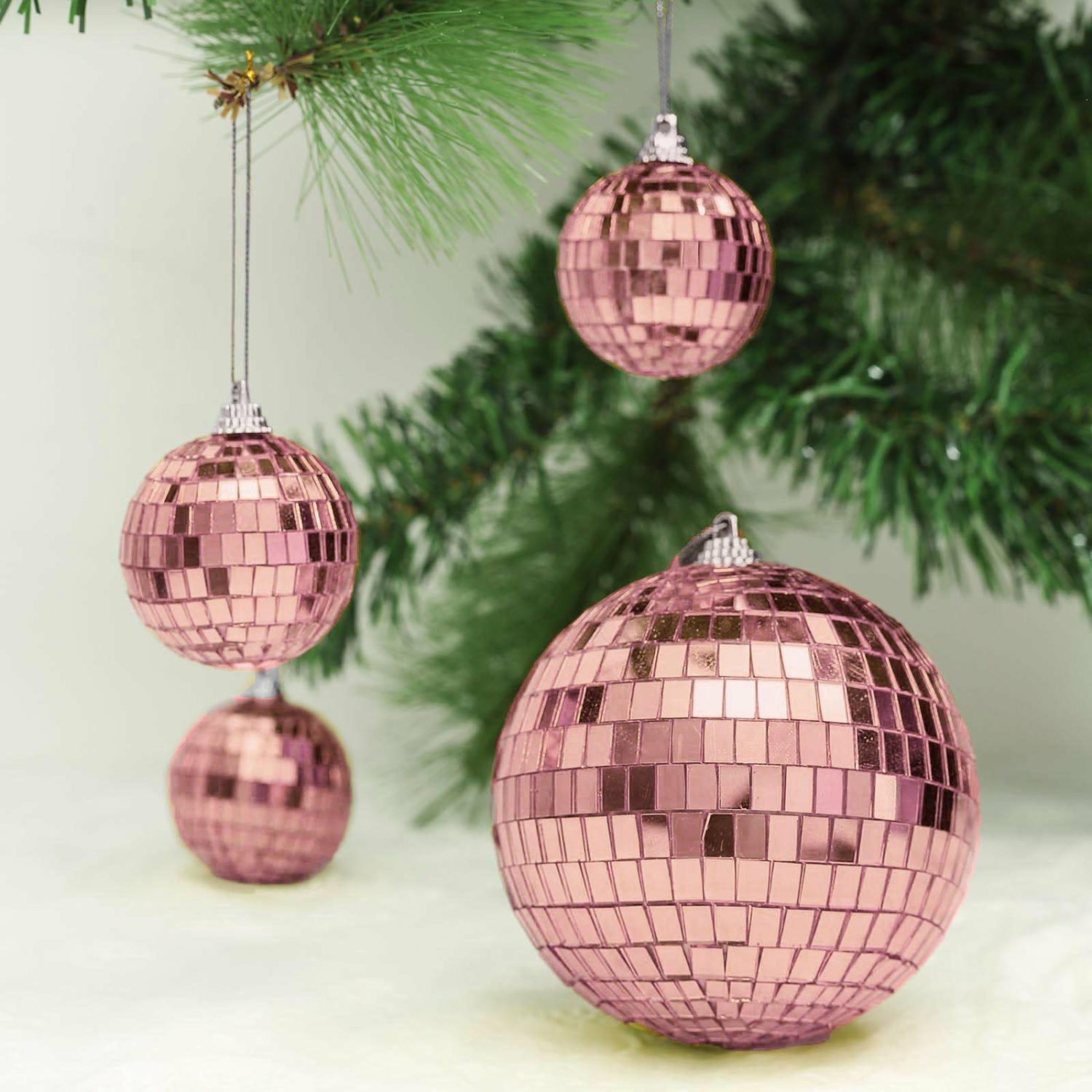 Hanging Lights & Chandelier | 4 Pack Rose Gold Foam Disco Mirror Ball With Hanging Strings, Holiday Christmas Ornaments 4″ Hanging Decors Hanging Lights & Chandelier