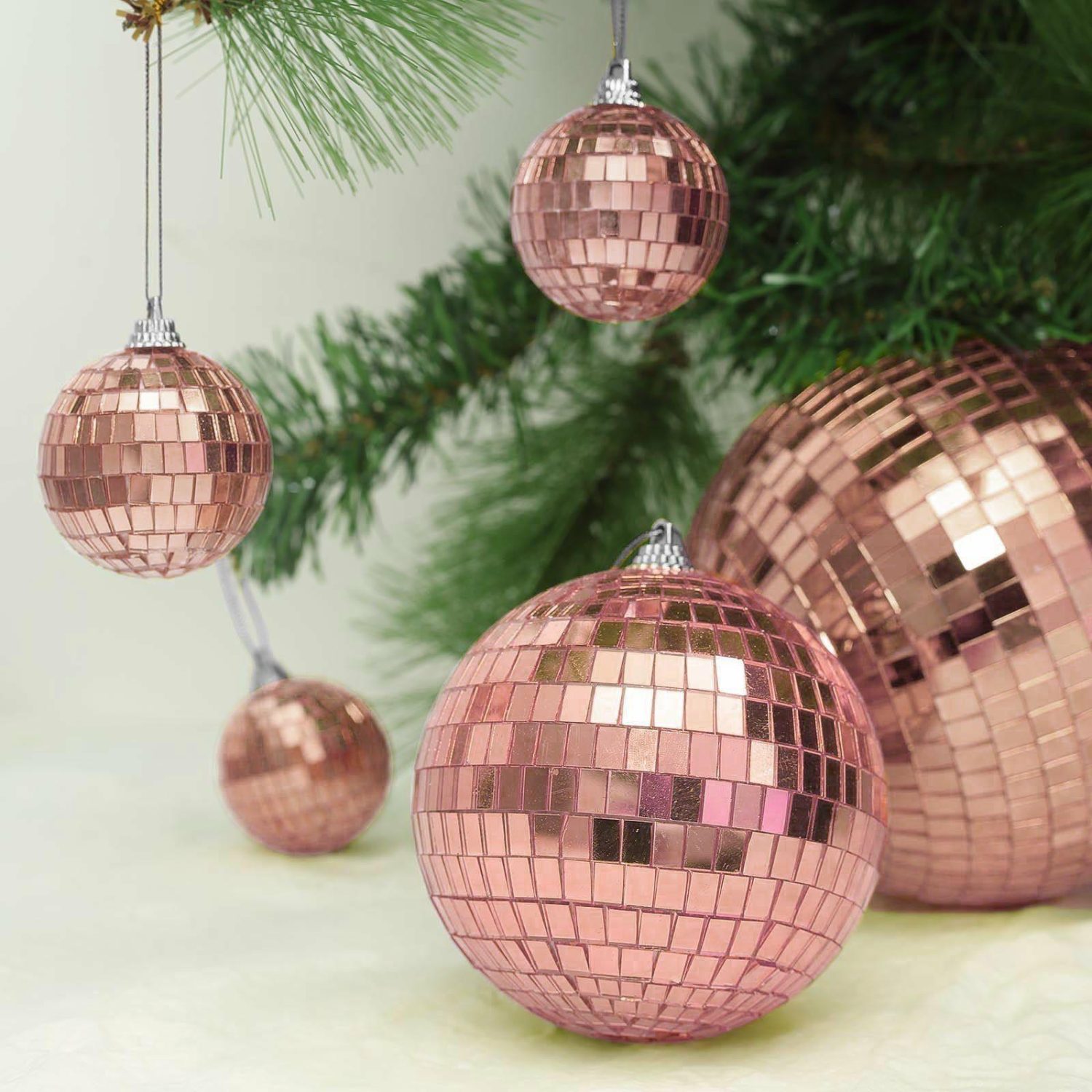 Hanging Lights & Chandelier | 4 Pack Rose Gold Foam Disco Mirror Ball With Hanging Strings, Holiday Christmas Ornaments 6″ Hanging Decors Hanging Lights & Chandelier