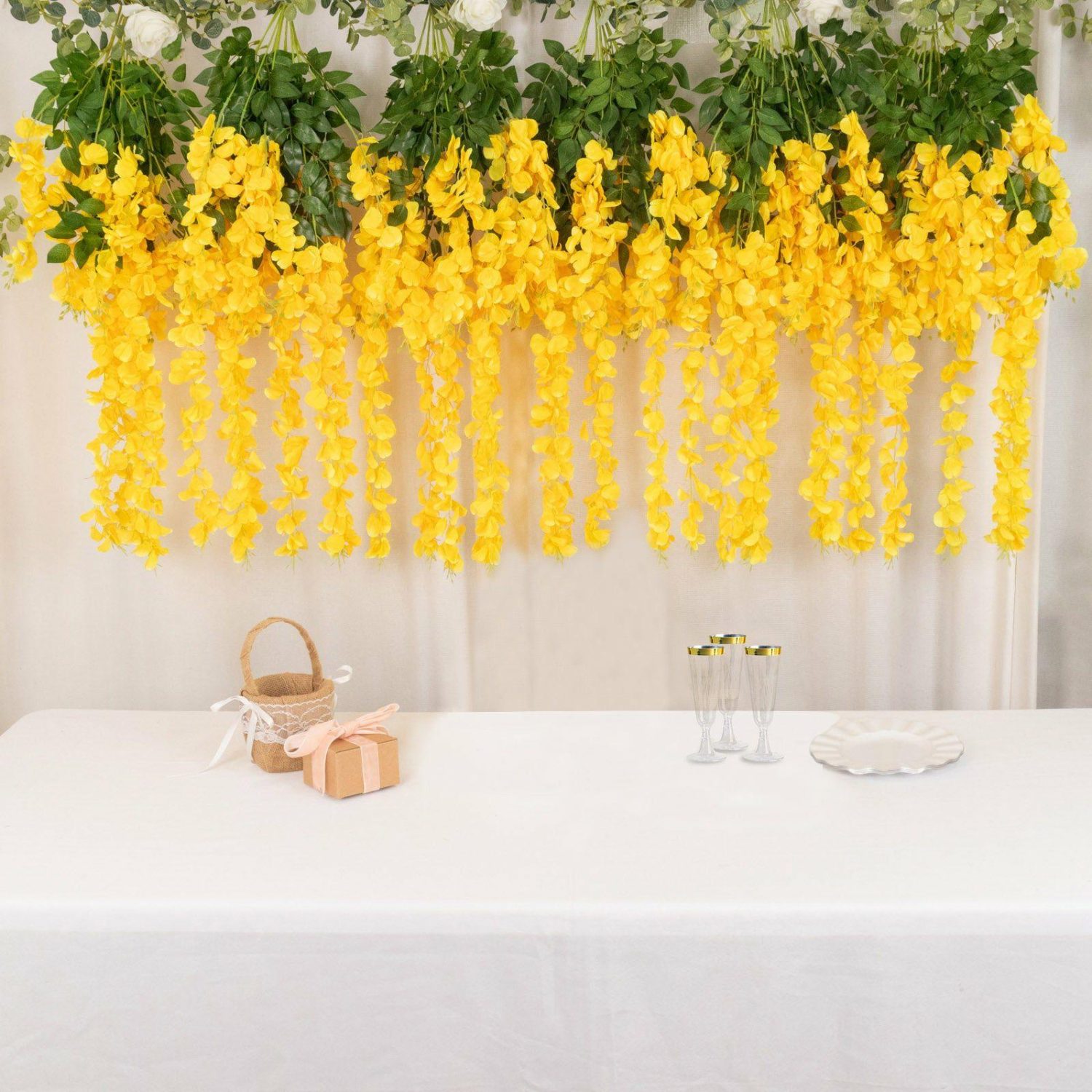 Hanging Plants | 5 Pack Yellow Artificial Silk Hanging Wisteria Flower Vines 44″ Flower Garlands Hanging Plants