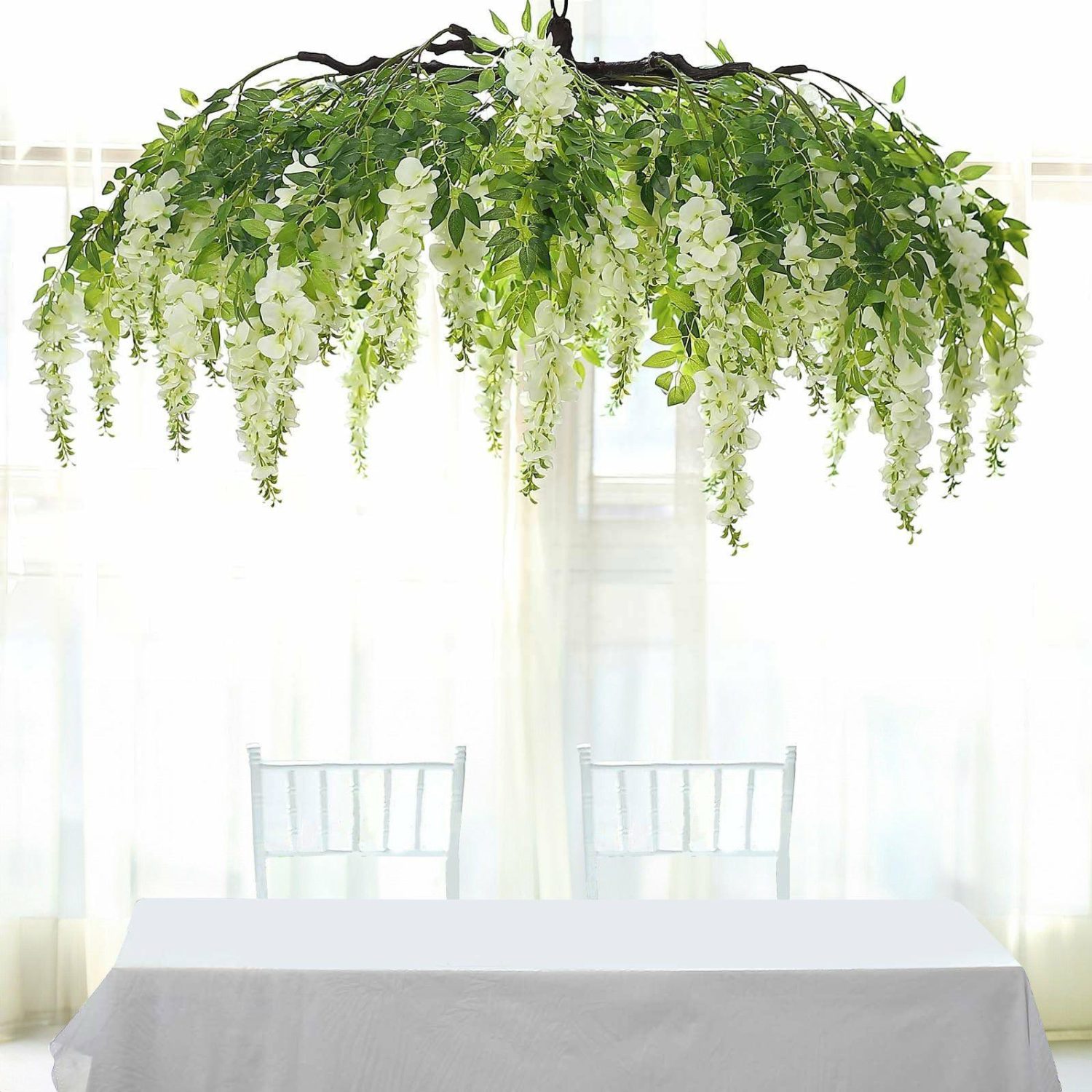 Hanging Plants | Cream Artificial Silk Wisteria Vine Round Hanging Canopy, Draping Garland Flower Chandelier With Interchangeable Branches 55″ Flower Garlands Hanging Plants