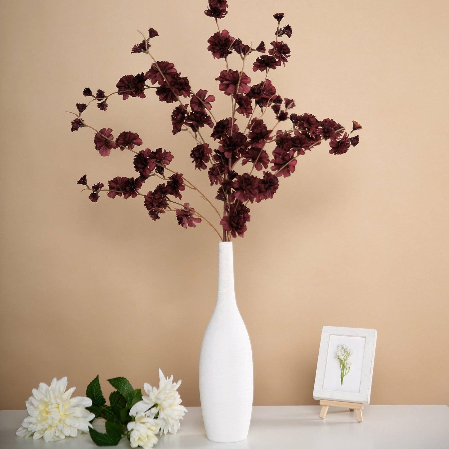 Hydrangea & Carnation Mums | 2 Branches Burgundy Artificial Silk Carnation Flower Stems 42″ Tall Artificial Flowers Burgundy