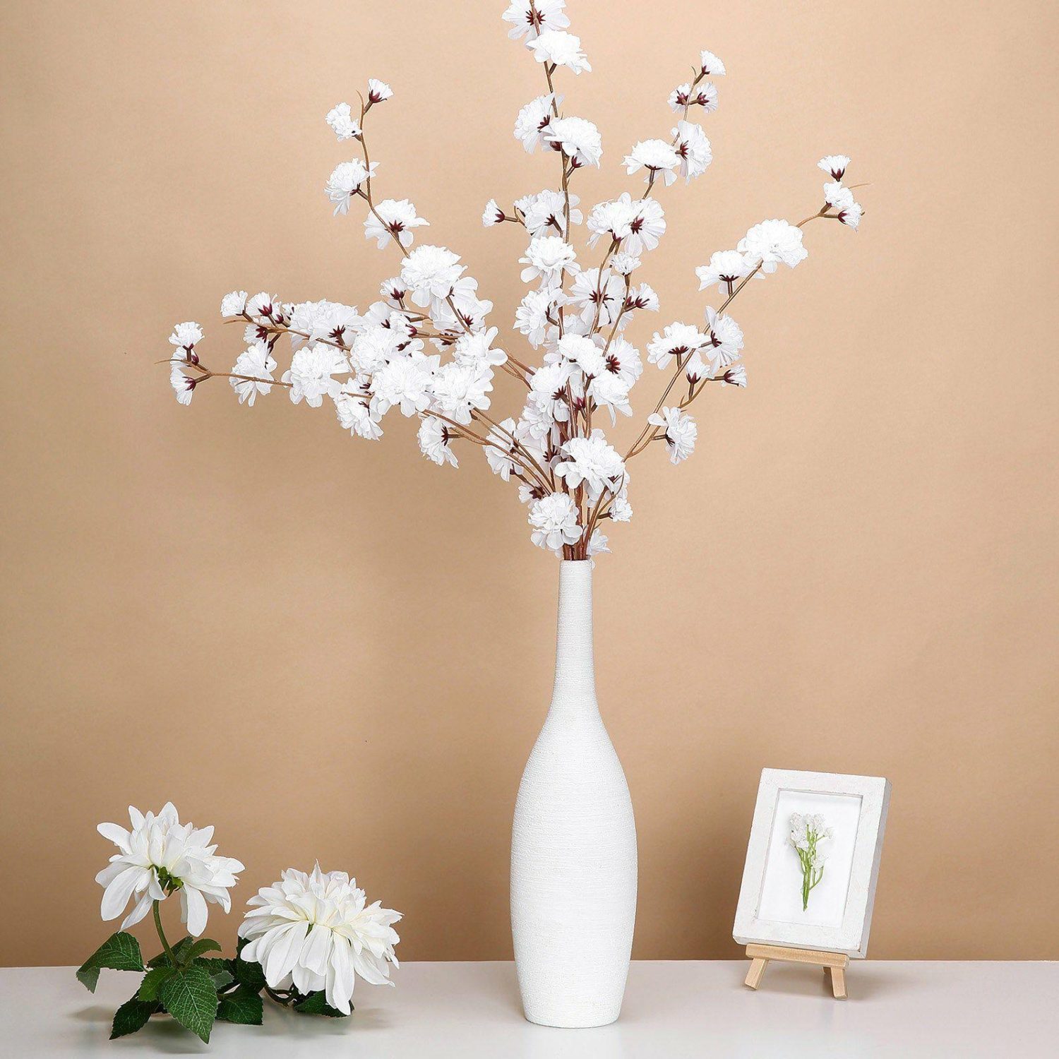 Hydrangea & Carnation Mums | 2 Branches White Artificial Silk Carnation Flower Stems 42″ Tall Artificial Flowers Hydrangea & Carnation Mums