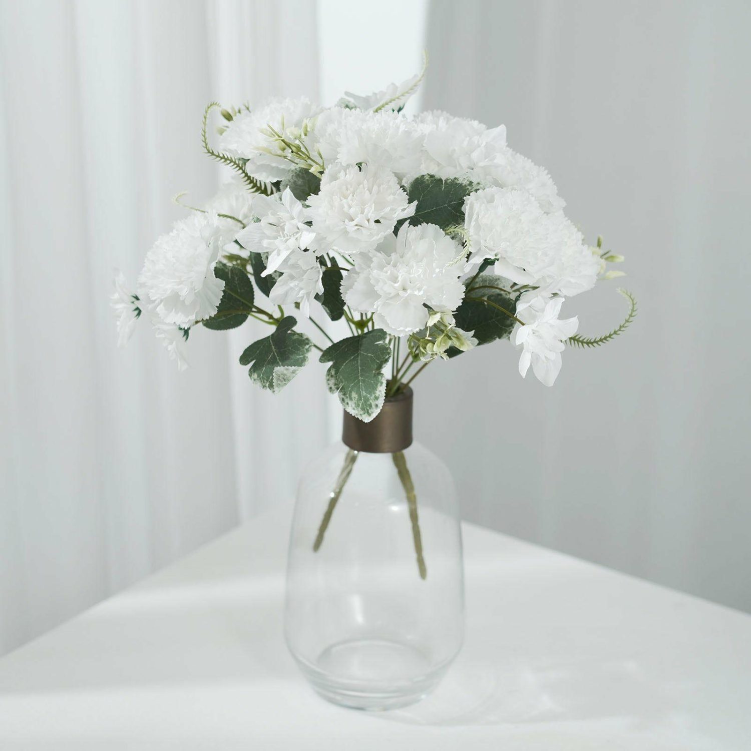 Hydrangea & Carnation Mums | 3 Pack White Artificial Silk Carnation Flower Bouquets, Faux Floral Arrangement Bushes 14″ Artificial Flowers Hydrangea & Carnation Mums