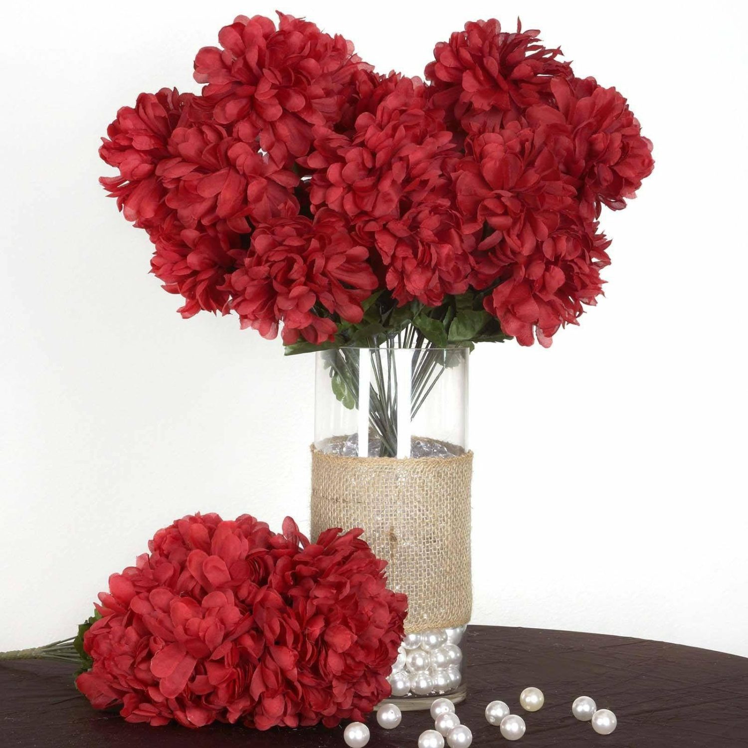 Hydrangea & Carnation Mums | 4 Bushes Burgundy Artificial Silk Chrysanthemums 56 Faux Flowers Artificial Flowers Burgundy