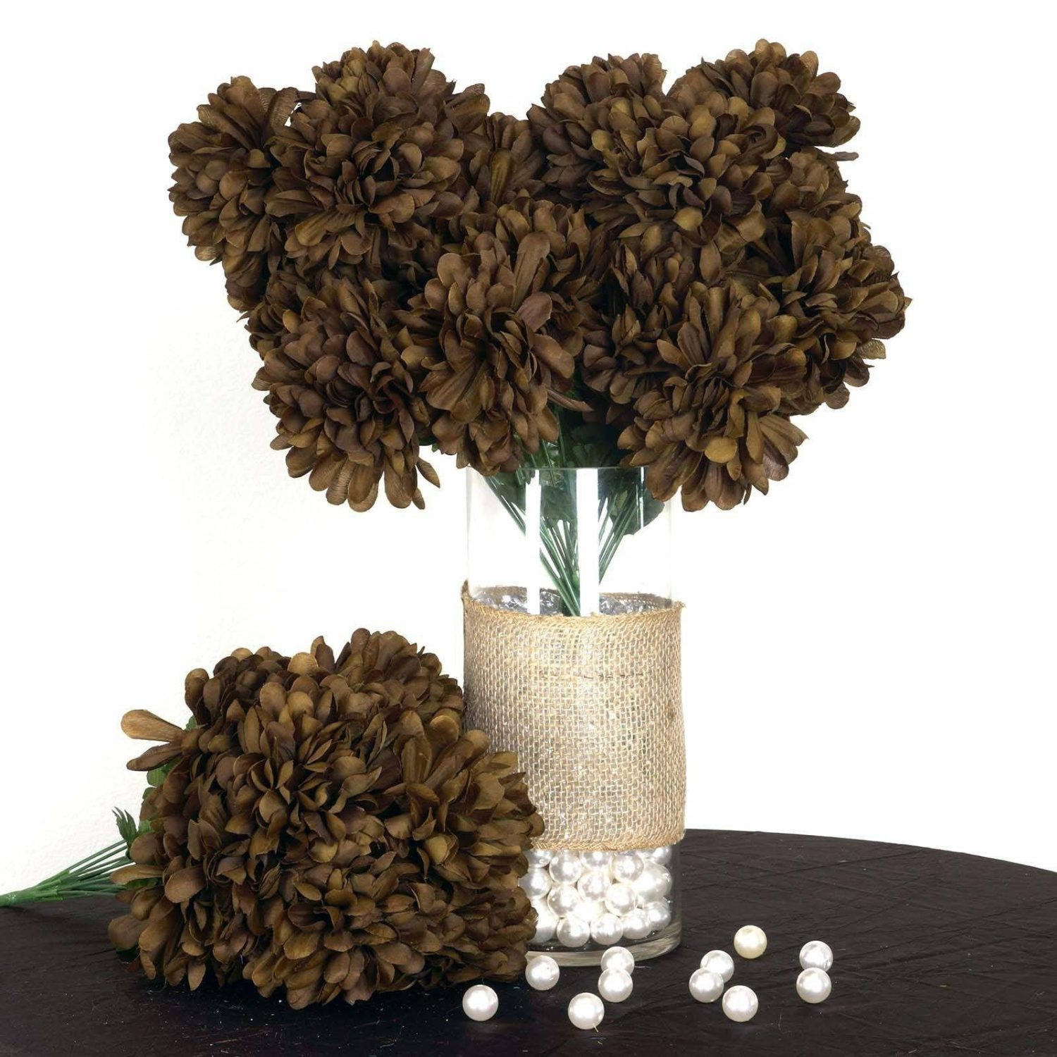 Hydrangea & Carnation Mums | 4 Bushes Chocolate Artificial Silk Chrysanthemums 56 Faux Flowers Artificial Flowers Chocolate