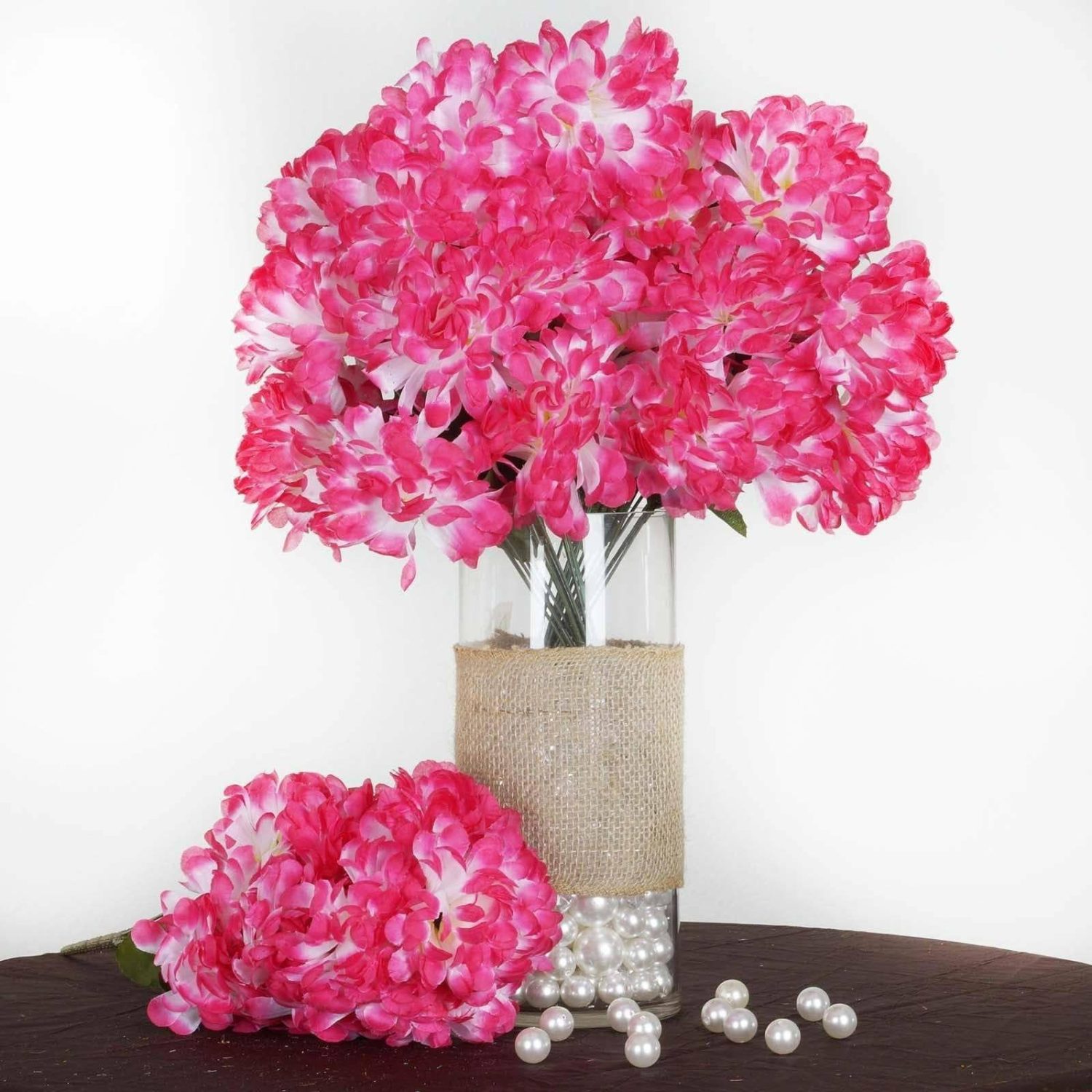 Hydrangea & Carnation Mums | 4 Bushes Fuchsia Artificial Silk Chrysanthemums 56 Faux Flowers Artificial Flowers Fuchsia