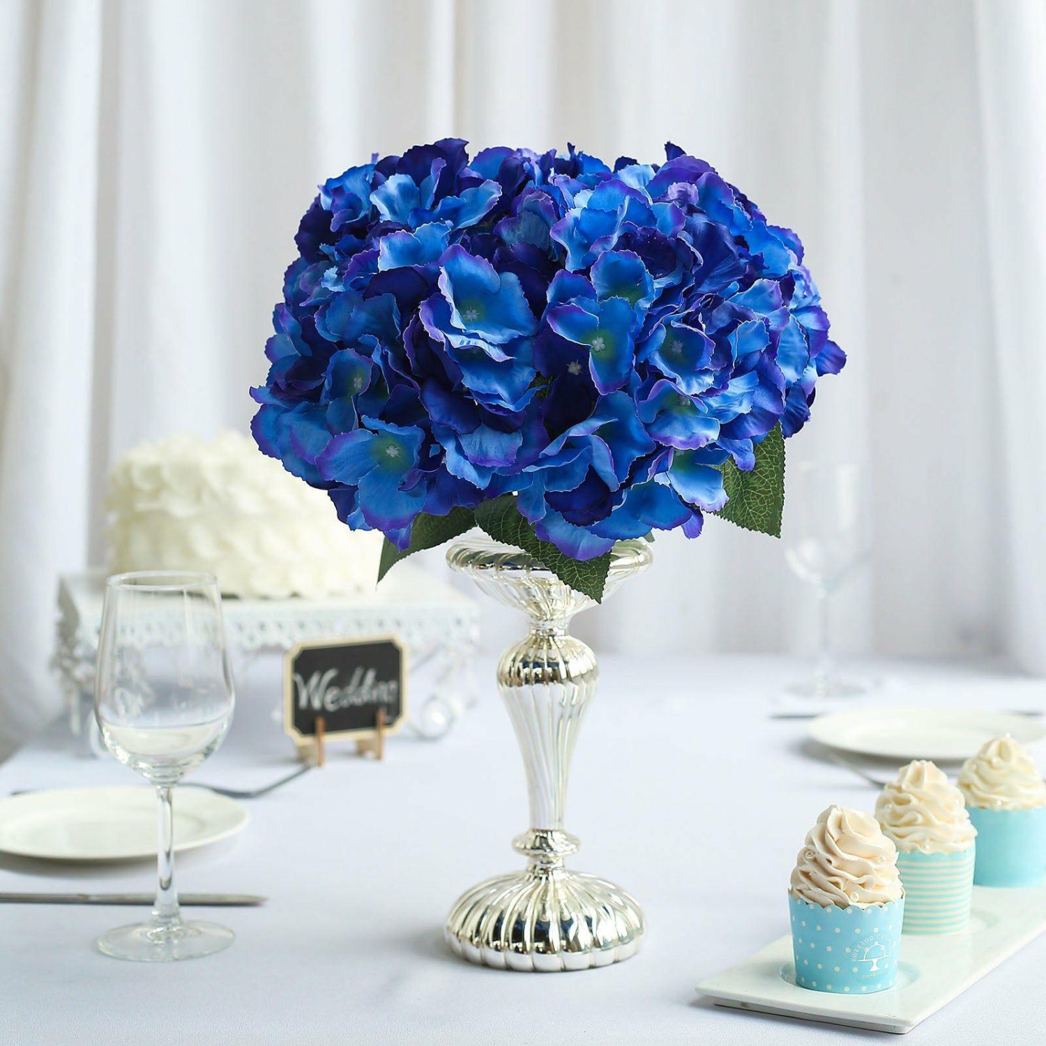 Hydrangea & Carnation Mums | 5 Bushes Royal Blue Artificial Silk Hydrangea Flower Bouquets Artificial Flowers Hydrangea & Carnation Mums