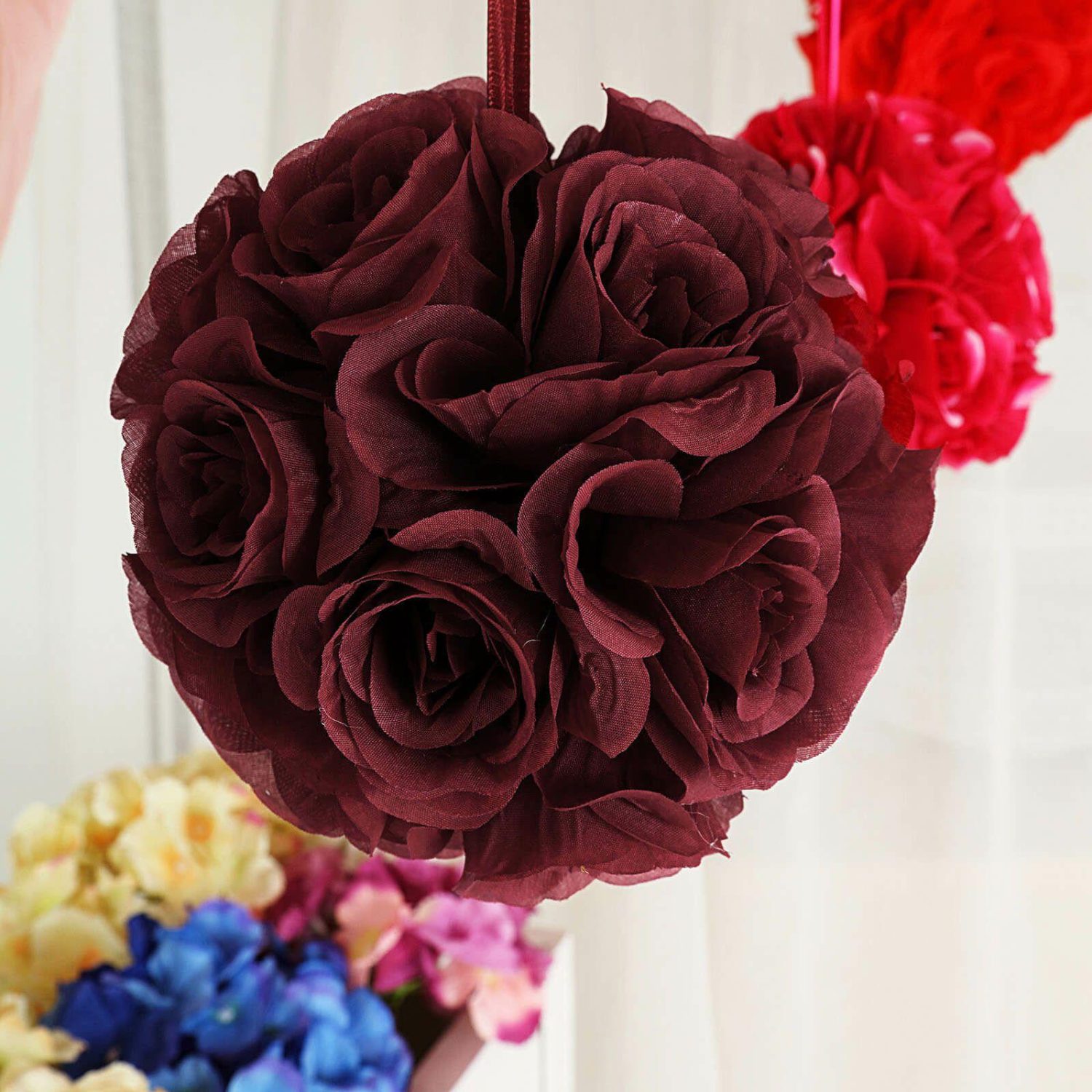 Kissing Balls | 2 Pack Burgundy Artificial Silk Rose Kissing Ball, Flower Ball 7″ Accent Flowers Burgundy