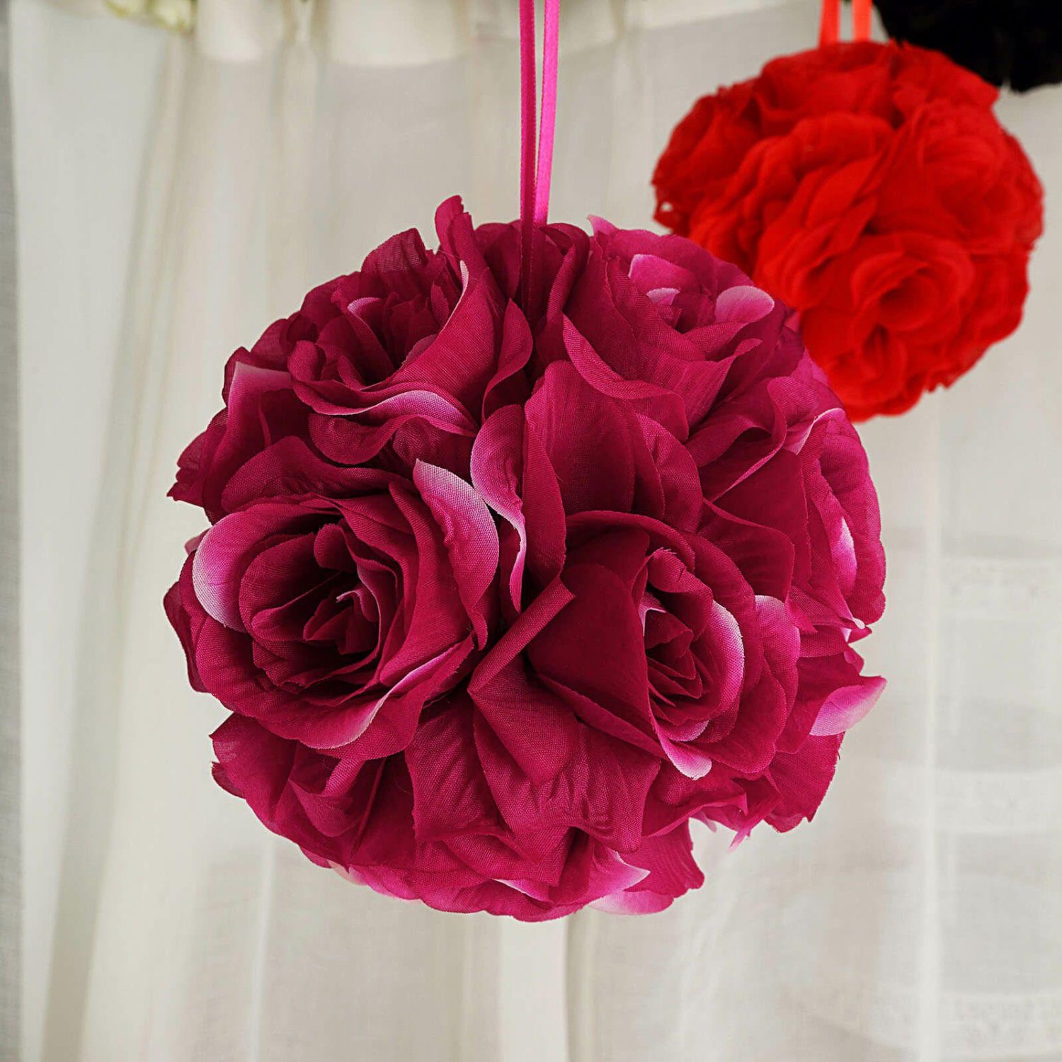 Kissing Balls | 2 Pack Fuchsia Artificial Silk Rose Kissing Ball, Flower Ball 7″ Accent Flowers Fuchsia