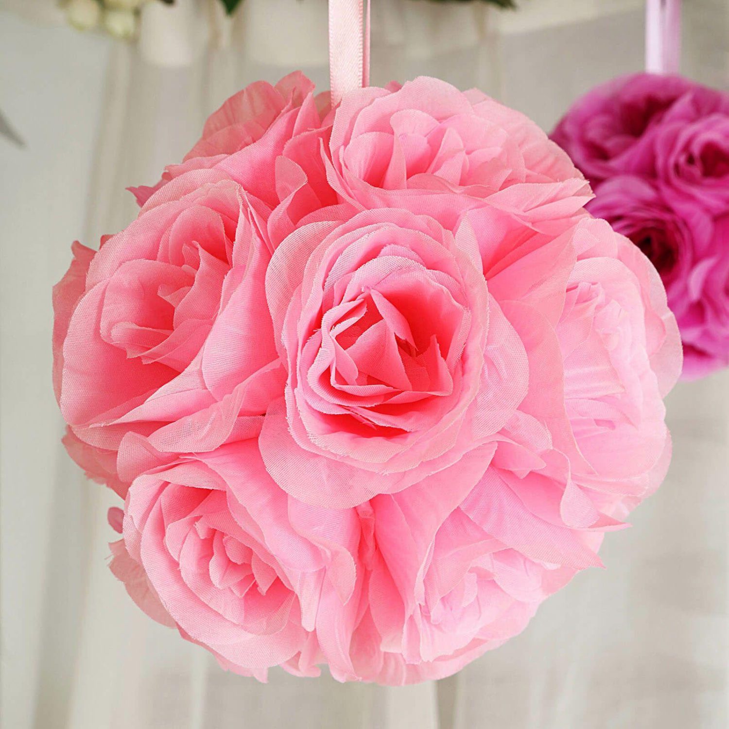 Kissing Balls | 2 Pack Pink Artificial Silk Rose Kissing Ball, Faux Flower Ball 7″ Accent Flowers Kissing Balls