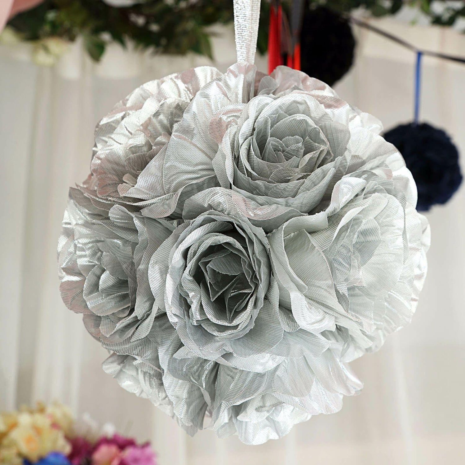 Kissing Balls | 2 Pack Silver Artificial Silk Rose Kissing Ball, Faux Flower Ball 7″ Accent Flowers Kissing Balls