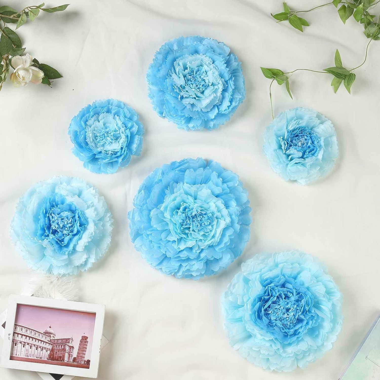 Large Floral Décor | Set of 6 Aqua / Blue Carnation 3D Paper Flowers Wall Decor 7″,9″,11″ Accent Flowers Blue/Serenity blue