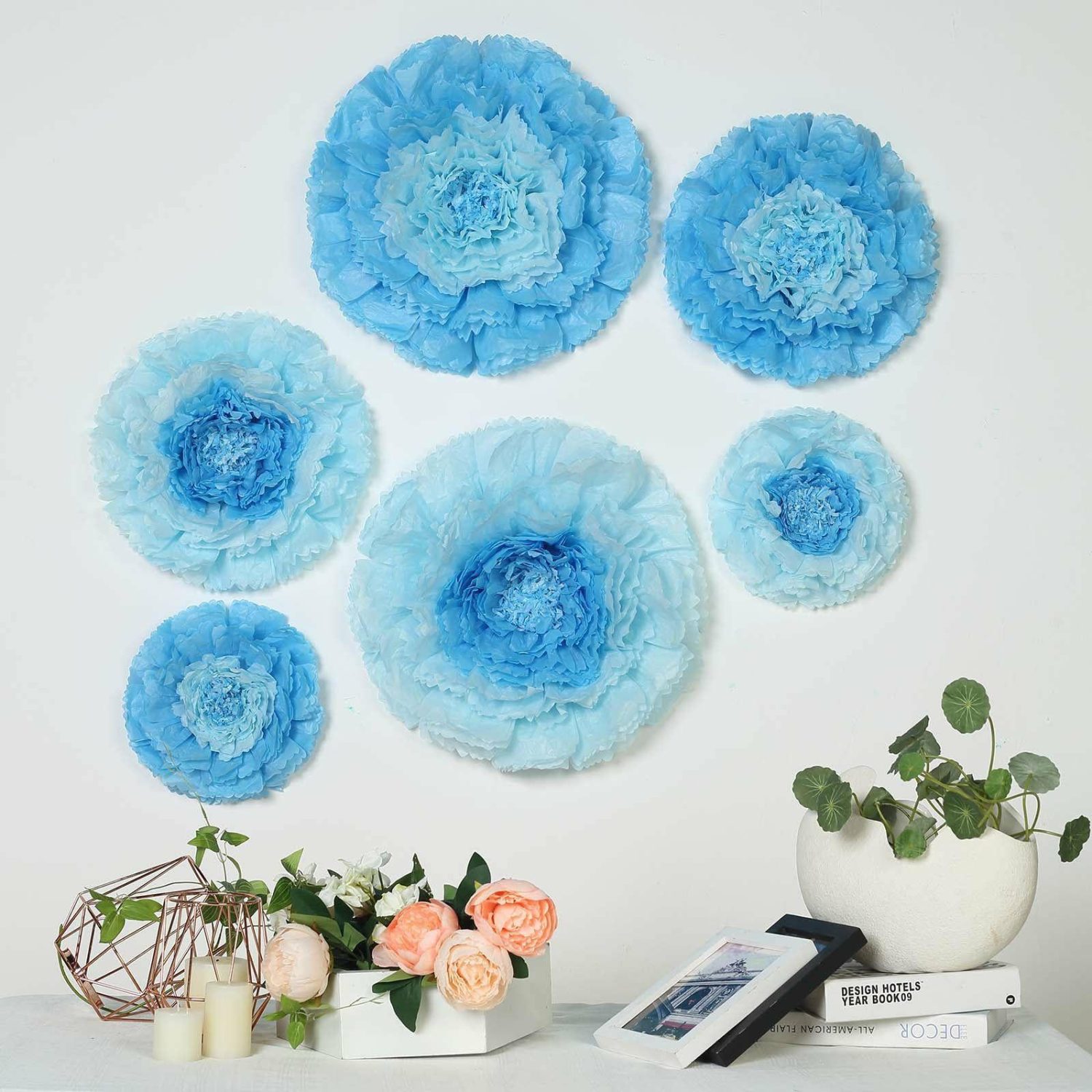 Large Floral Décor | Set of 6 Aqua / Blue Giant Carnation 3D Paper Flowers Wall Decor 12″,16″,20″ Accent Flowers Blue/Serenity blue