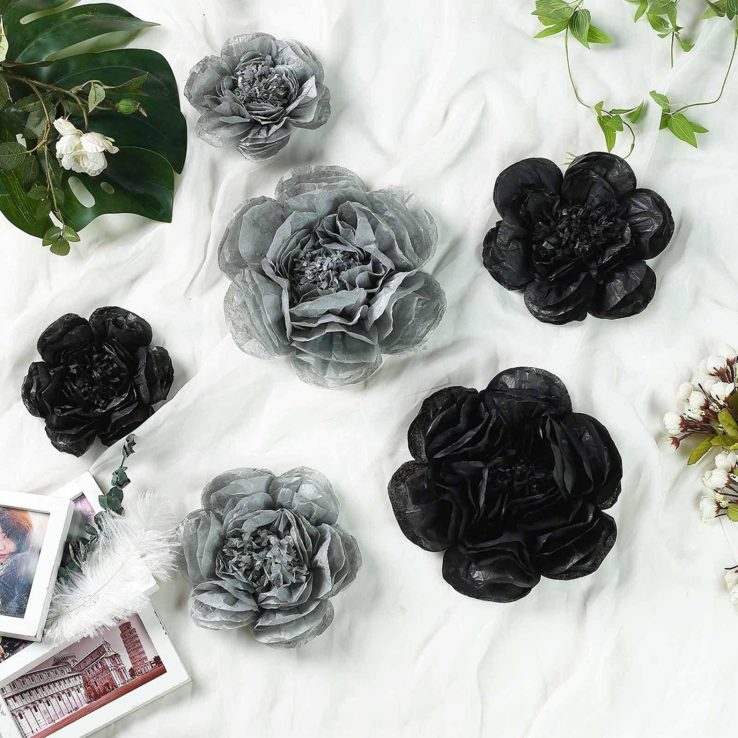 Large Floral Décor | Set of 6 Black / Charcoal Gray Peony 3D Paper Flowers Wall Decor 7″,9″,11″ Accent Flowers Charcoal gray