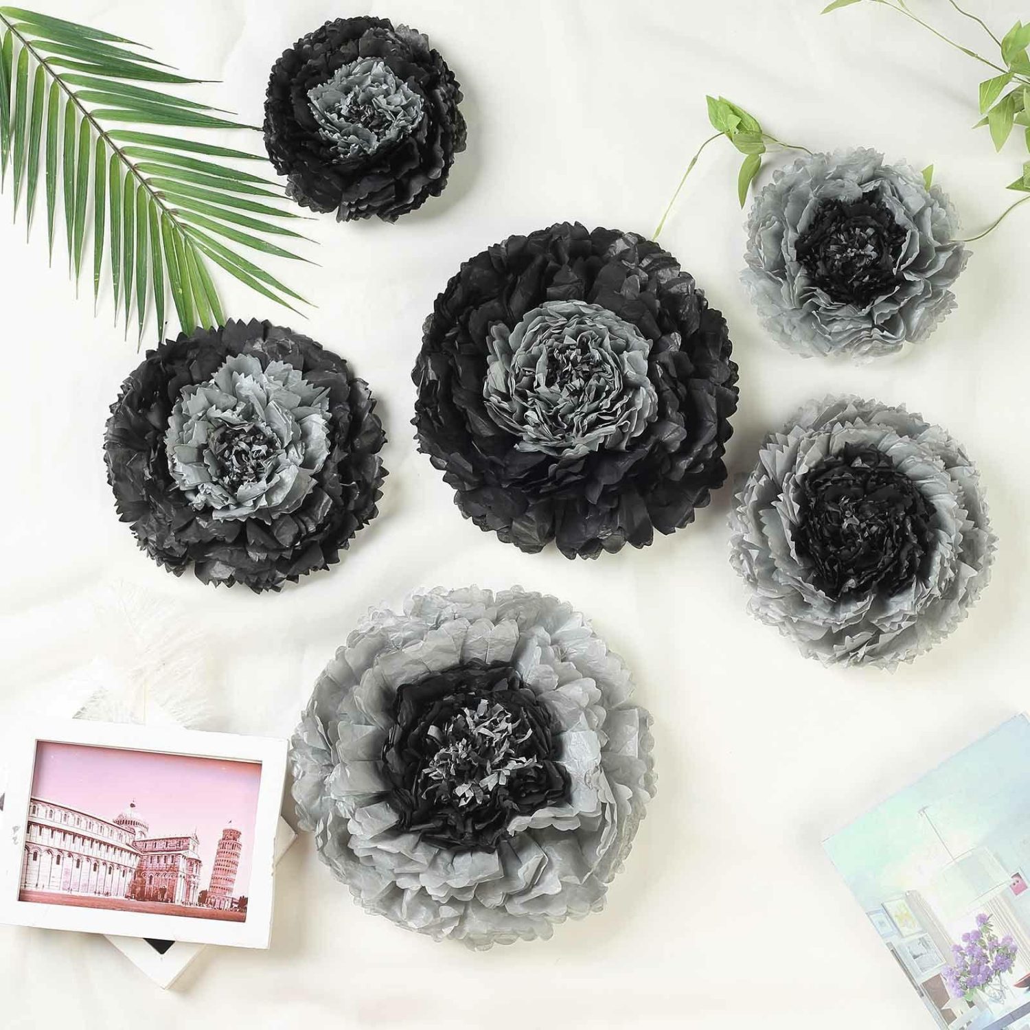 Large Floral Décor | Set of 6 Charcoal Gray Carnation 3D Paper Flowers Wall Decor 7″,9″,11″ Accent Flowers Charcoal gray