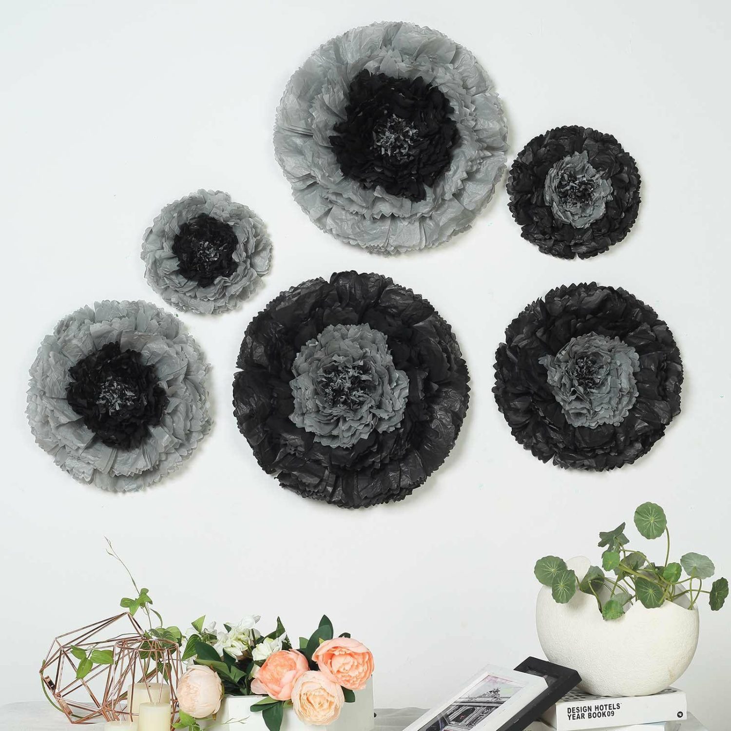 Large Floral Décor | Set of 6 Charcoal Gray Giant Carnation 3D Paper Flowers Wall Decor 12″,16″,20″ Accent Flowers Charcoal gray