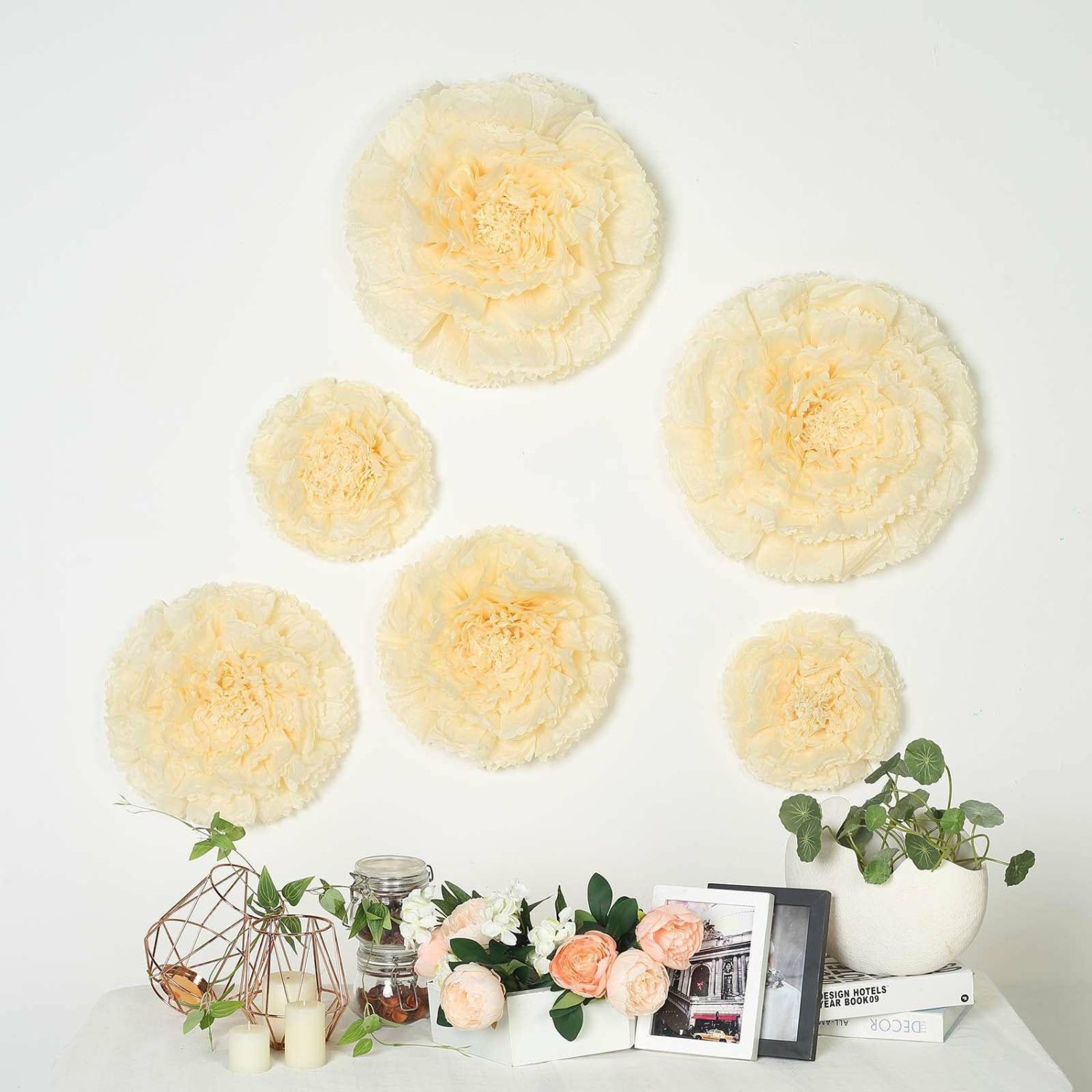 Large Floral Décor | Set of 6 Ivory / Cream Giant Carnation 3D Paper Flowers Wall Decor 12″,16″,20″ Accent Flowers Cream/Ivory