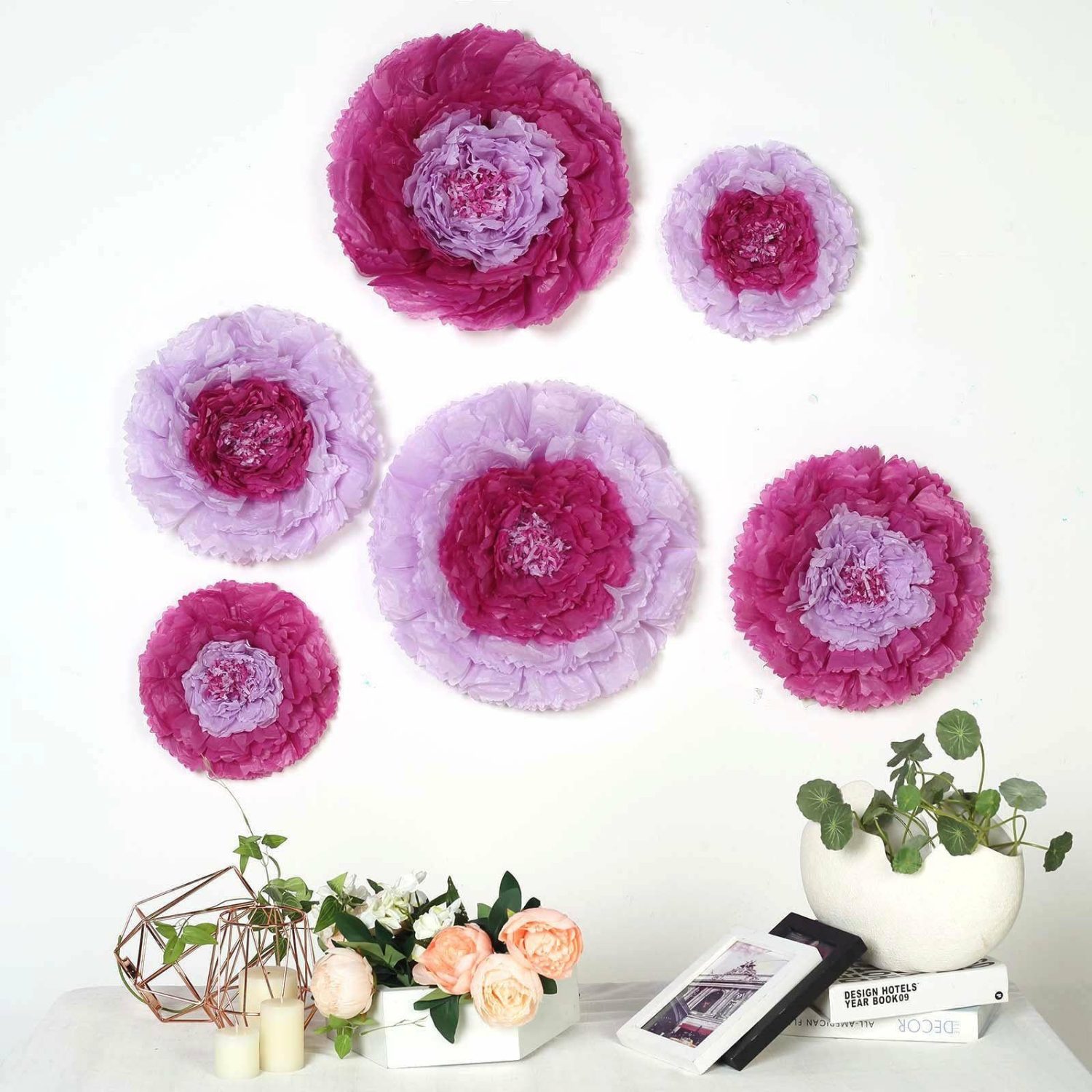 Large Floral Décor | Set of 6 Lavender Giant Carnation 3D Paper Flowers Wall Decor 12″,16″,20″ Accent Flowers Large Floral Décor