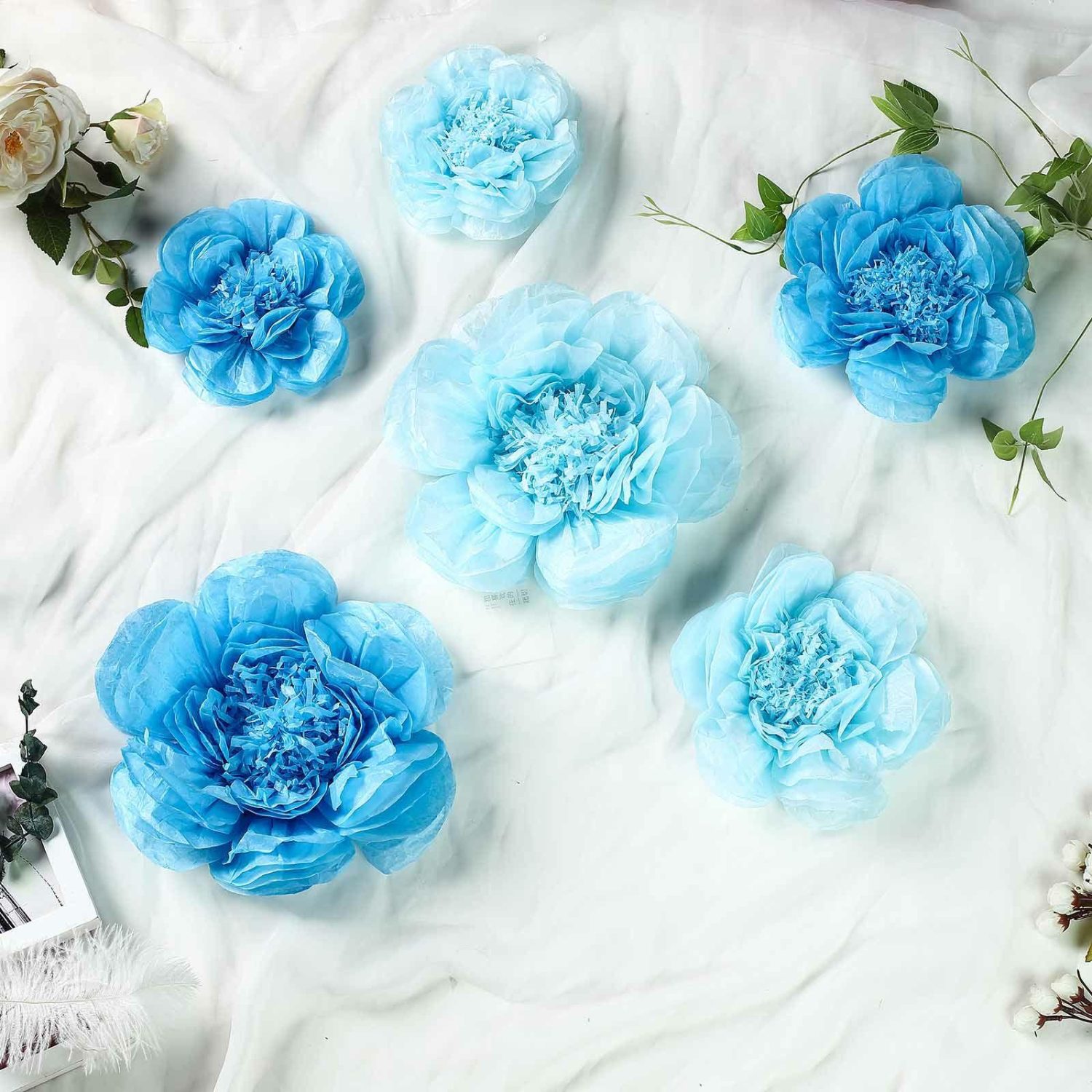 Large Floral Décor | Set of 6 Periwinkle / Turquoise Peony 3D Paper Flowers Wall Decor 7″,9″,11″ Accent Flowers Large Floral Décor