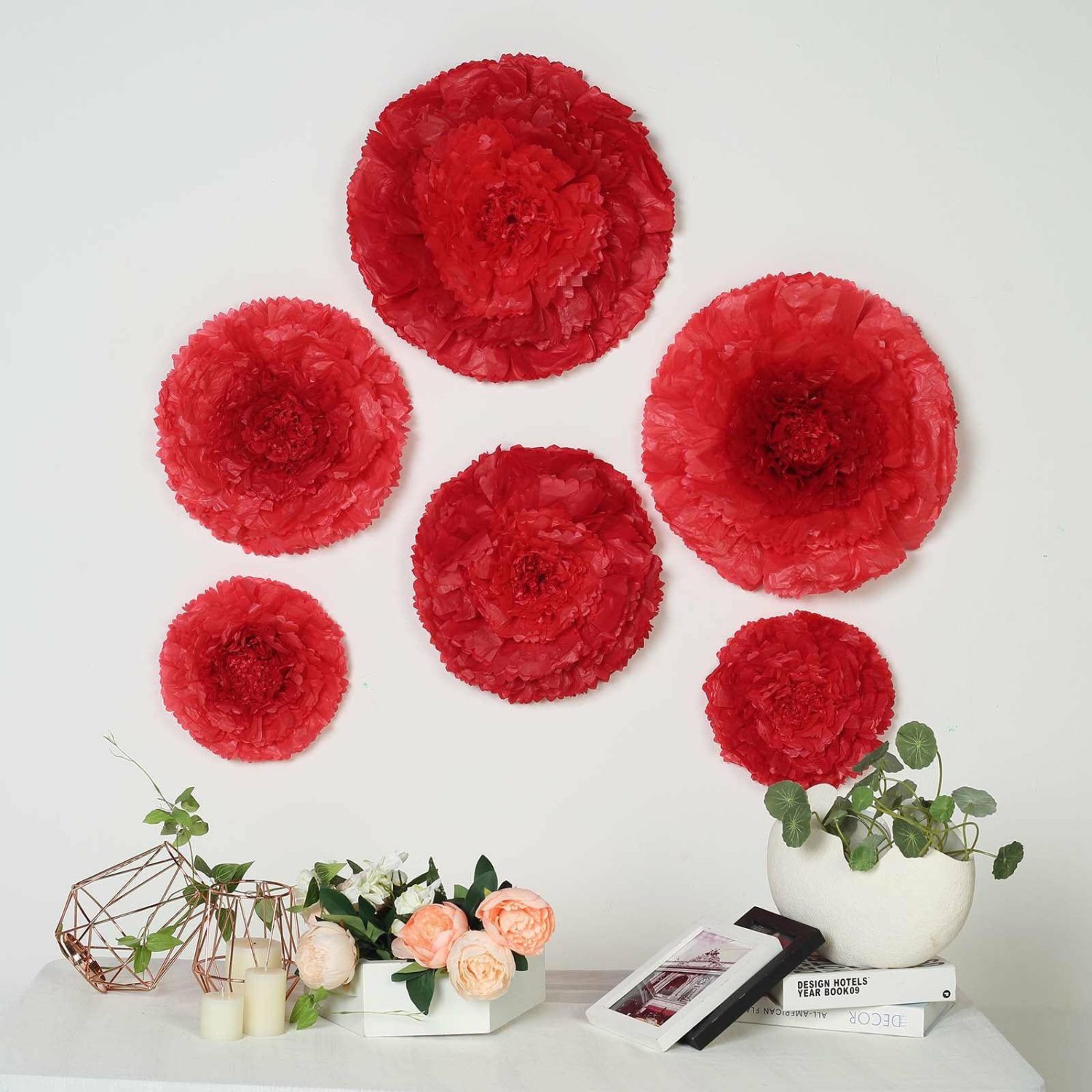 Large Floral Décor | Set of 6 Red Giant Carnation 3D Paper Flowers Wall Decor 12″,16″,20″ Accent Flowers Large Floral Décor