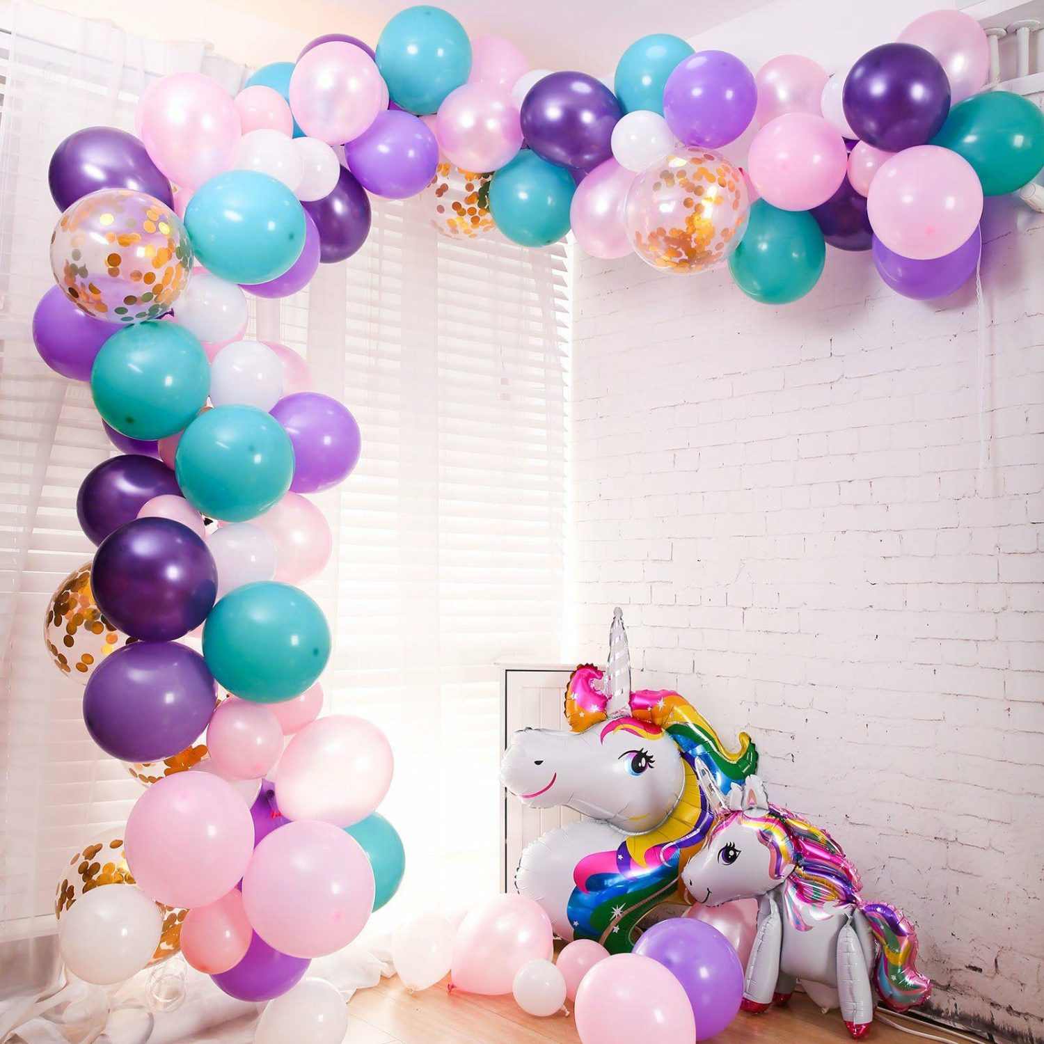 Latex Balloons | 108 Pack Turquoise, Purple and Pink Unicorn DIY Balloon Garland Arch Kit Balloons Clear/Pink/Purple/Turquoise/White