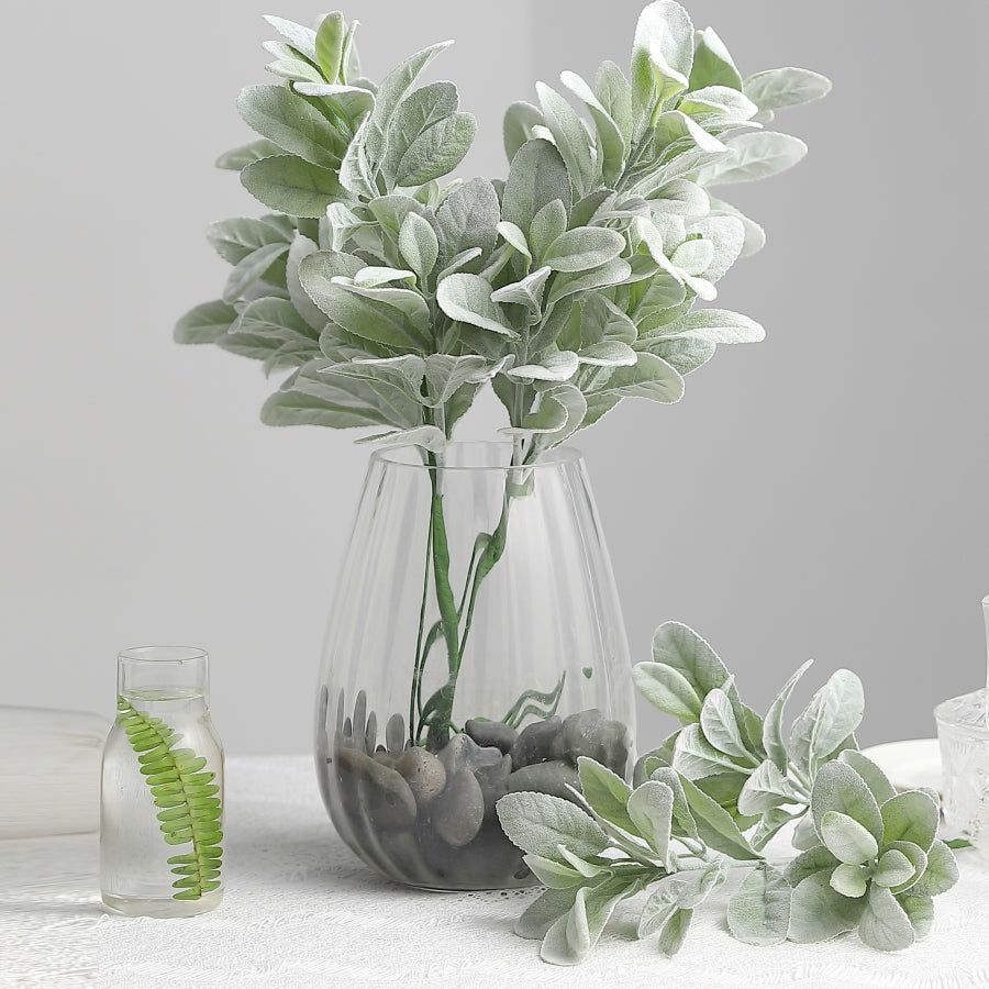 Leaf & Fern Bushes | 2 Stems Frosted Green Artificial Lambs Ear Leaf Indoor Plant 24″ Tall Artificial Plants Leaf & Fern Bushes