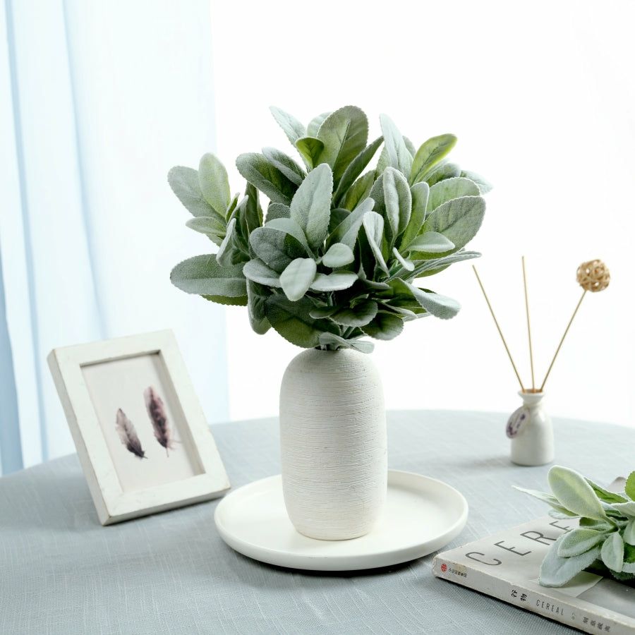 Leaf & Fern Bushes | 4 Stems Frosted Green Artificial Lambs Ear Leaf Indoor Plant, Faux Bush Artificial Plants Leaf & Fern Bushes