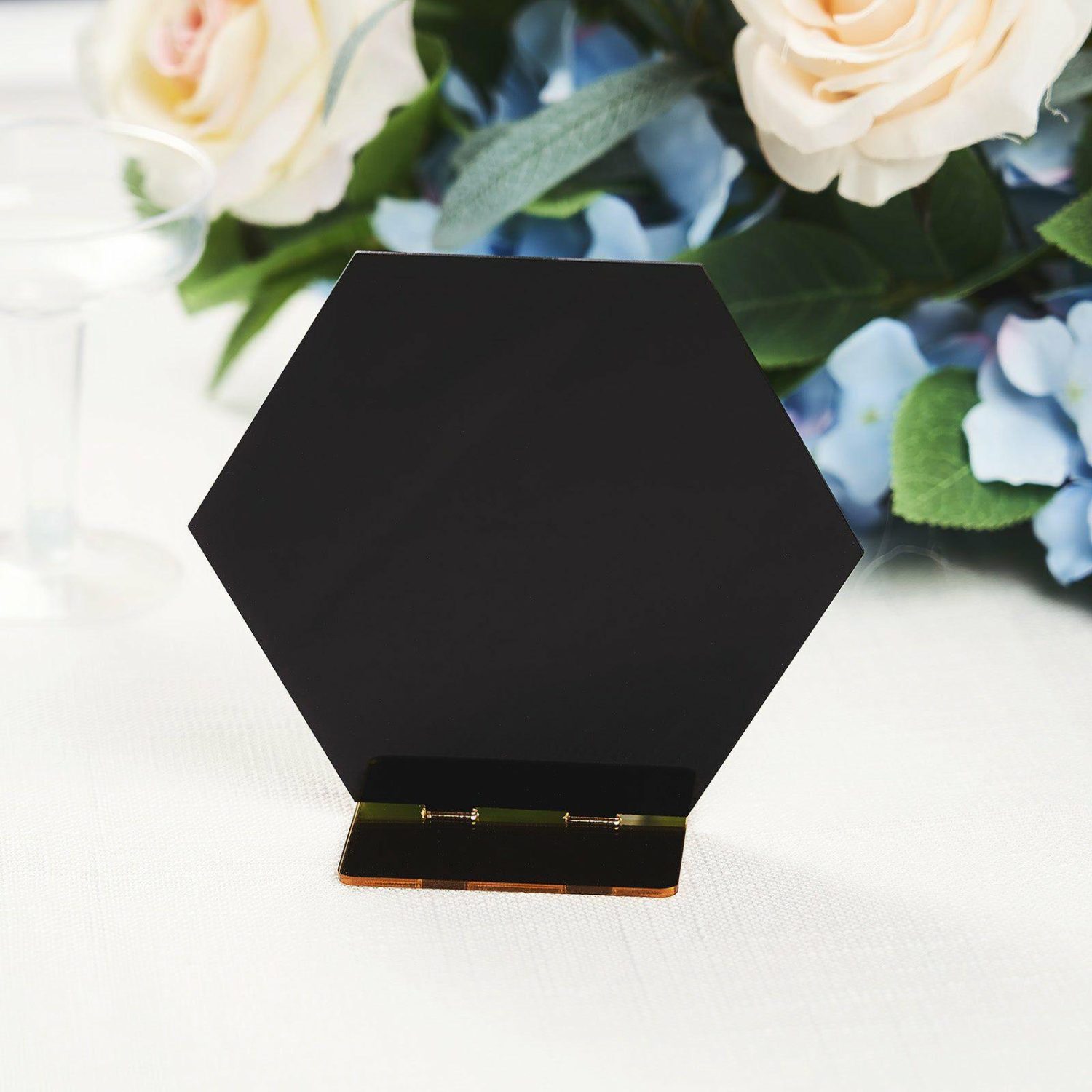 Letters & Table Numbers | 5 Pack Black / Gold Acrylic Hexagon Wedding Table Sign Holders, Number Stands 5″ Letters & Table Numbers Black/Gold