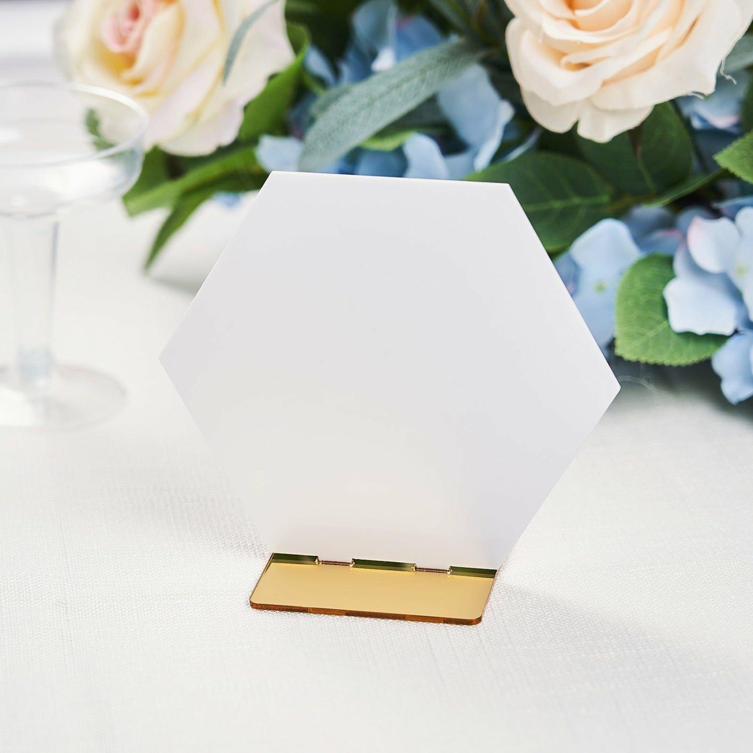 Letters & Table Numbers | 5 Pack White / Gold Acrylic Hexagon Wedding Table Sign Holders, Number Stands 5″ Letters & Table Numbers Gold/White