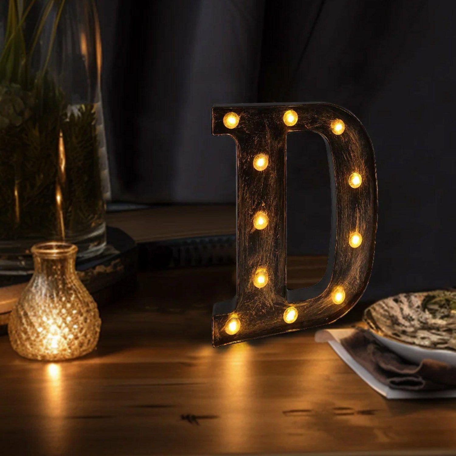 Letters & Table Numbers | Antique Black Industrial Style LED Marquee Letter “D”, Vintage Style Light Up Alphabet Letter Sign – 9″ Letters & Table Numbers D