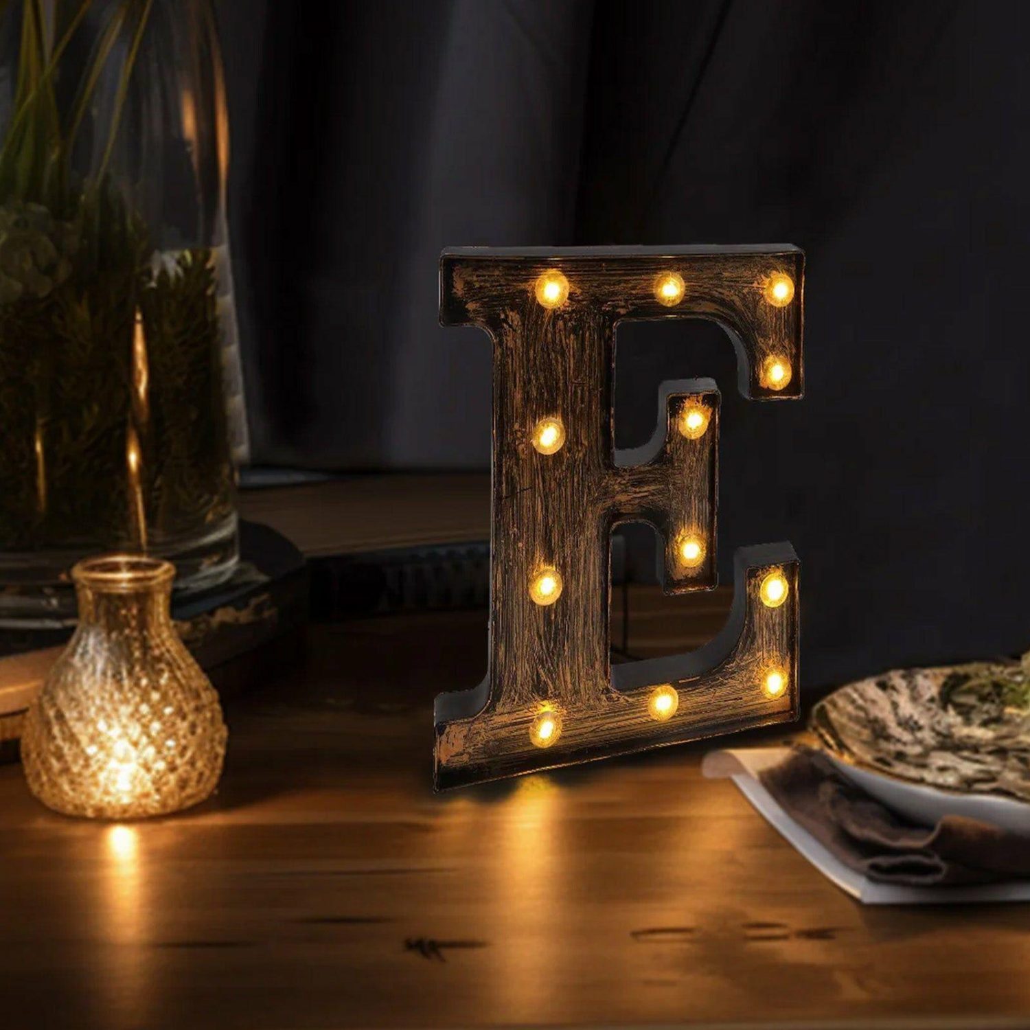 Letters & Table Numbers | Antique Black Industrial Style LED Marquee Letter “E”, Vintage Style Light Up Alphabet Letter Sign – 9″ Letters & Table Numbers E