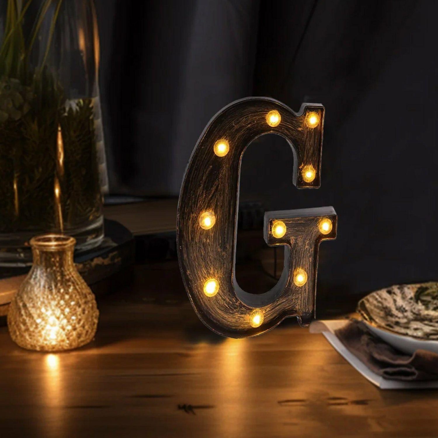 Letters & Table Numbers | Antique Black Industrial Style LED Marquee Letter “G”, Vintage Style Light Up Alphabet Letter Sign – 9″ Letters & Table Numbers G