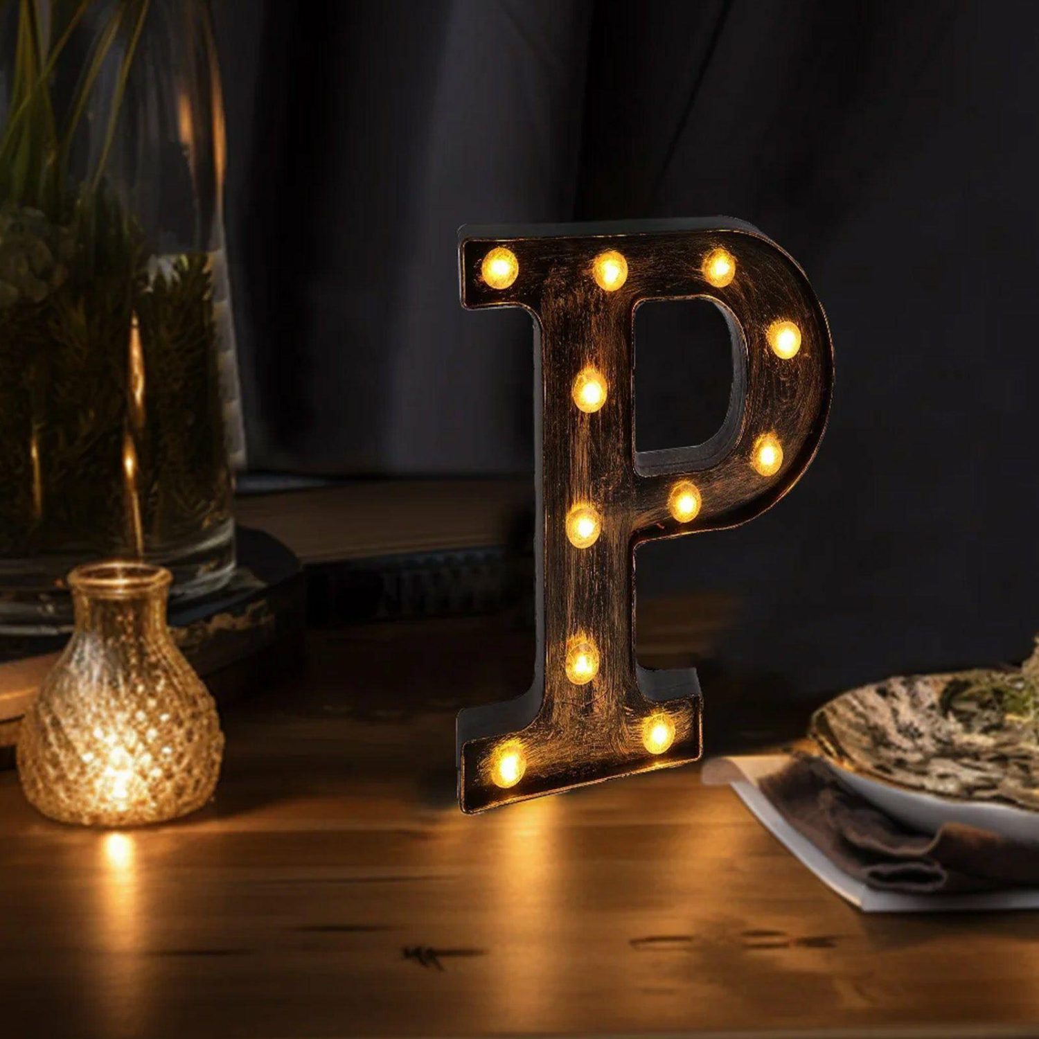 Letters & Table Numbers | Antique Black Industrial Style LED Marquee Letter “P”, Vintage Style Light Up Alphabet Letter Sign – 9″ Letters & Table Numbers Letters & Table Numbers