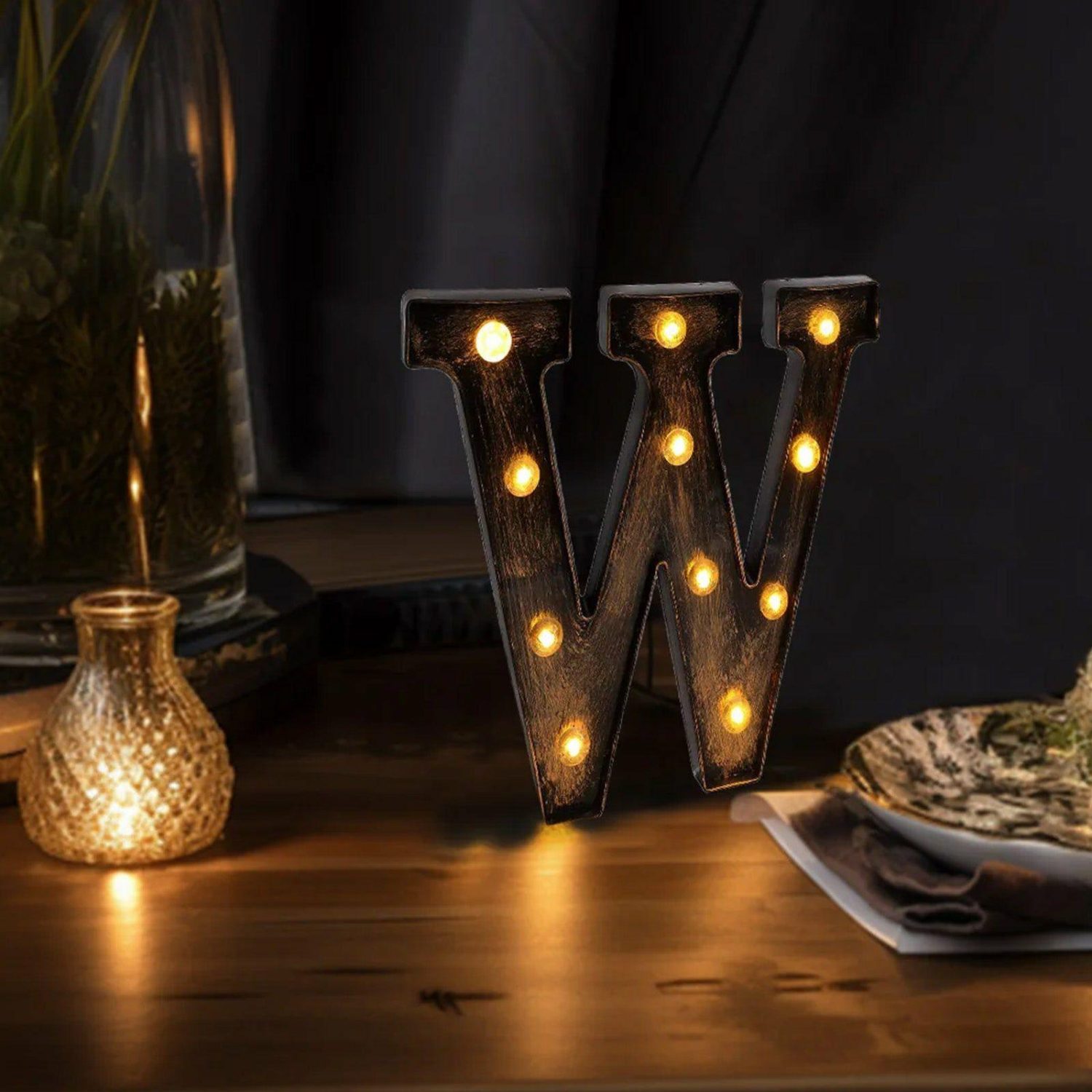 Letters & Table Numbers | Antique Black Industrial Style LED Marquee Letter “W”, Vintage Style Light Up Alphabet Letter Sign – 9″ Letters & Table Numbers Letters & Table Numbers