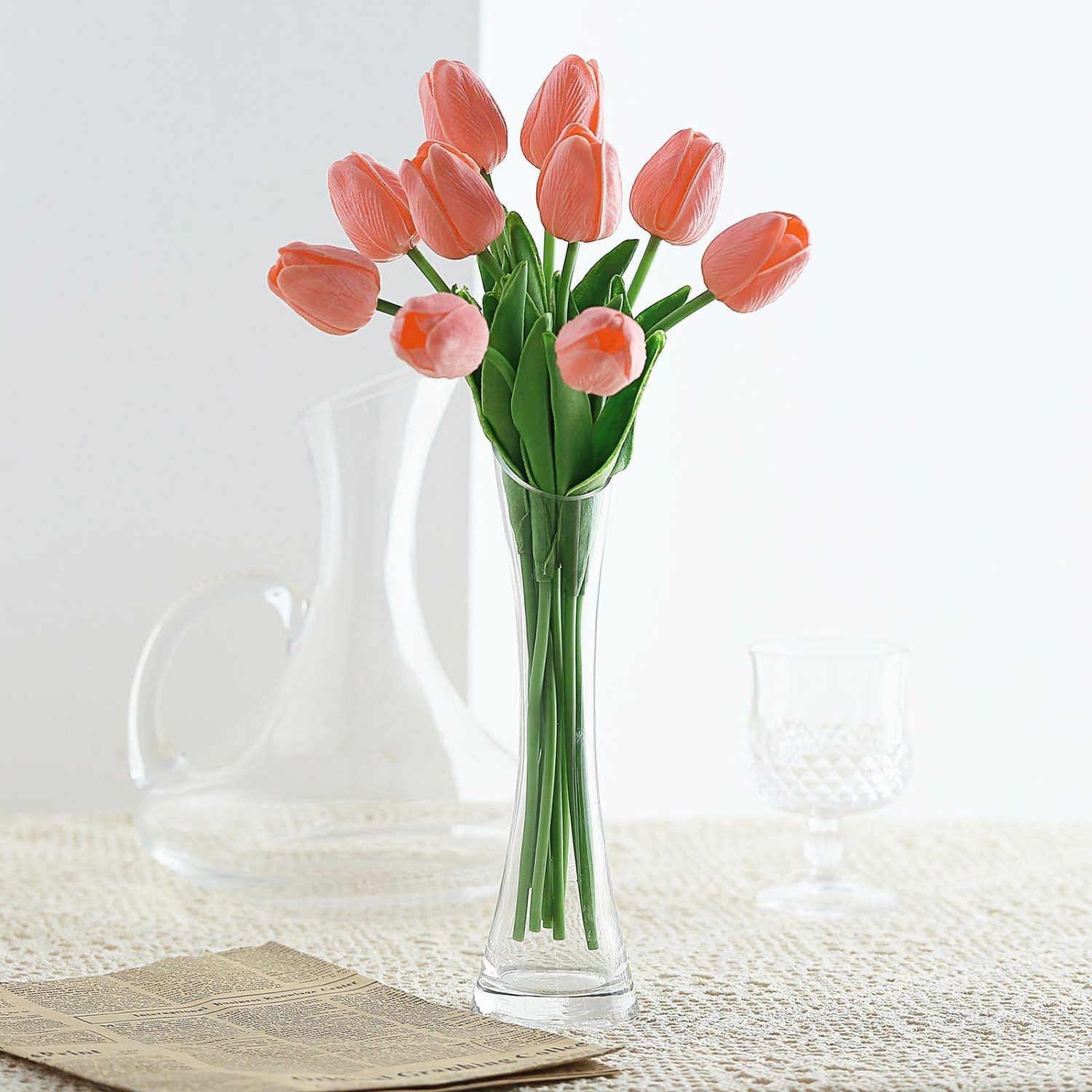 Lily & Tulips | 10 Stems Coral Real Touch Artificial Foam Tulip Flower Bouquets 13″ Artificial Flowers Coral