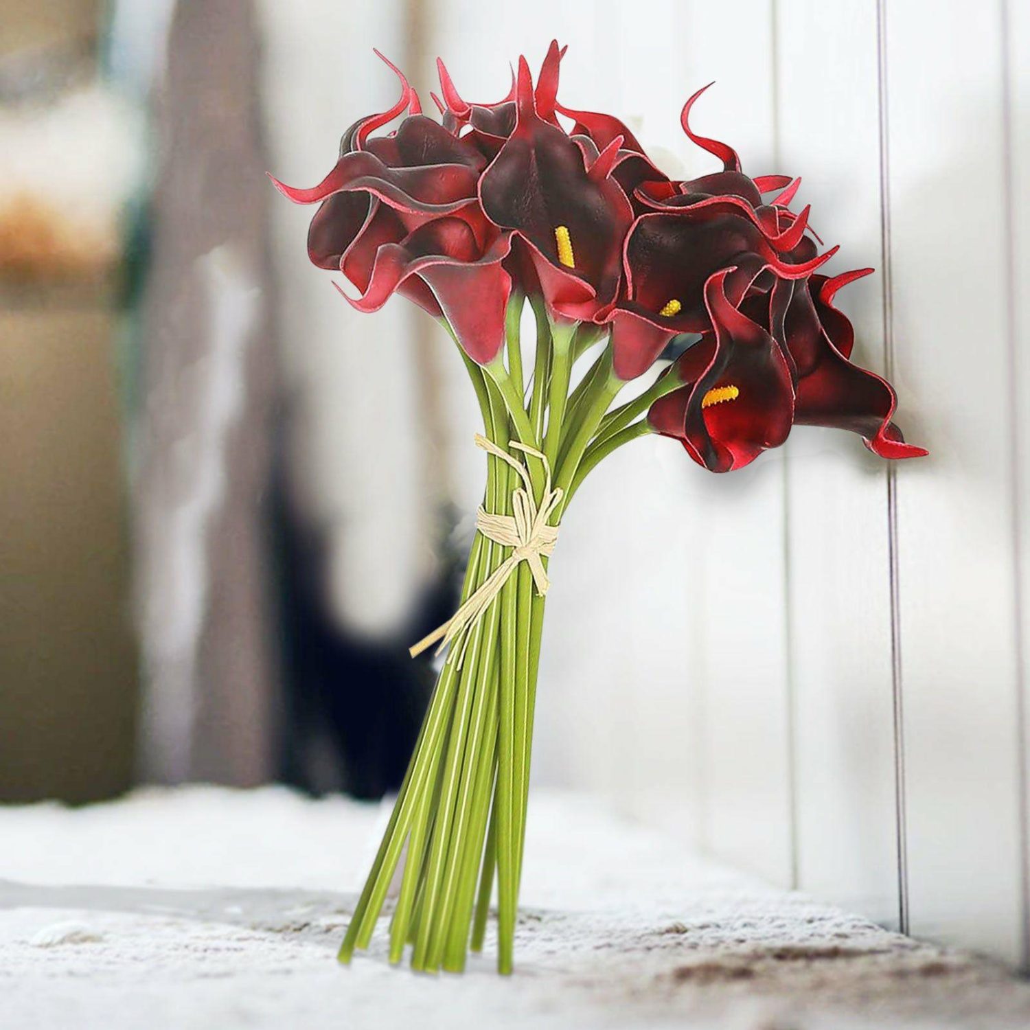 Lily & Tulips | 20 Stems Burgundy Artificial Poly Foam Calla Lily Flowers 14″ Artificial Flowers Burgundy